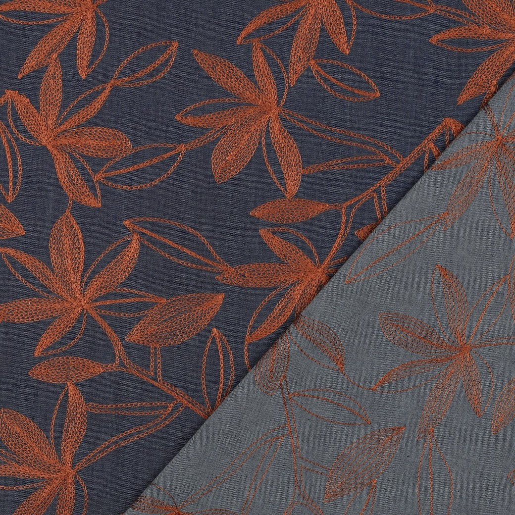 Denim with Camel Embroidered Flowers Cotton Fabric