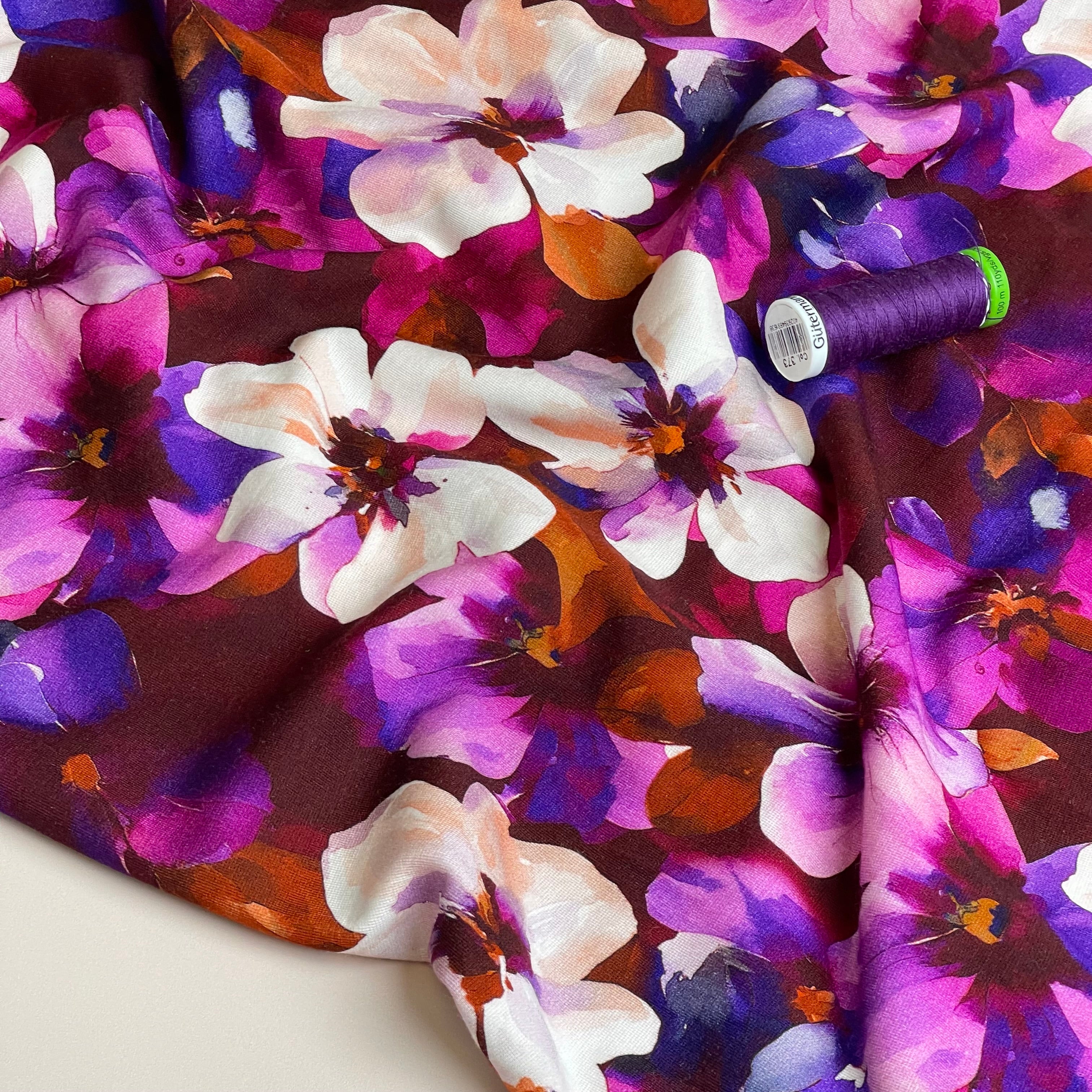 Purple Flowers on Burgundy Light Viscose Ponte Roma Fabric