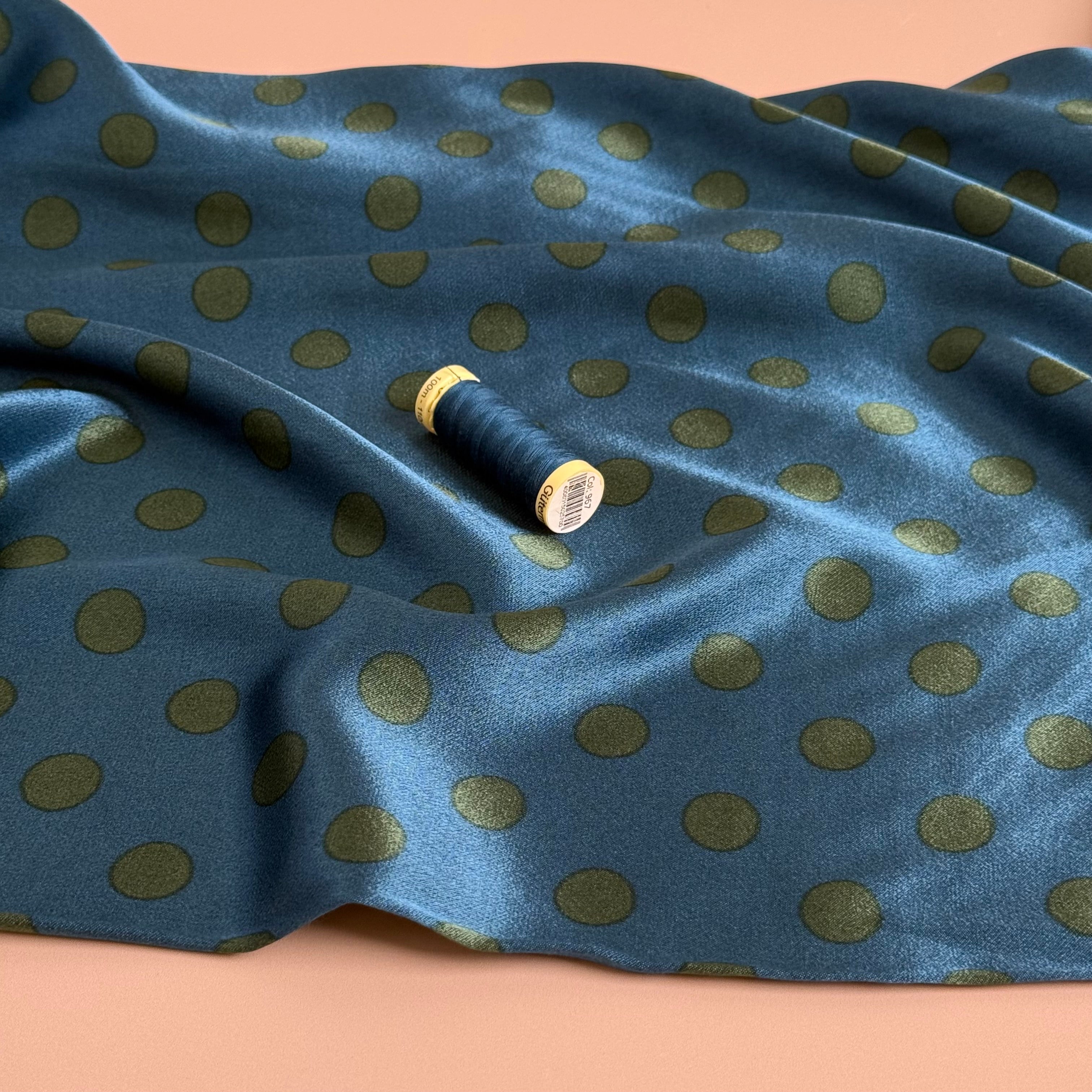 Polka Green on Petrol Spun Viscose Sateen Fabric