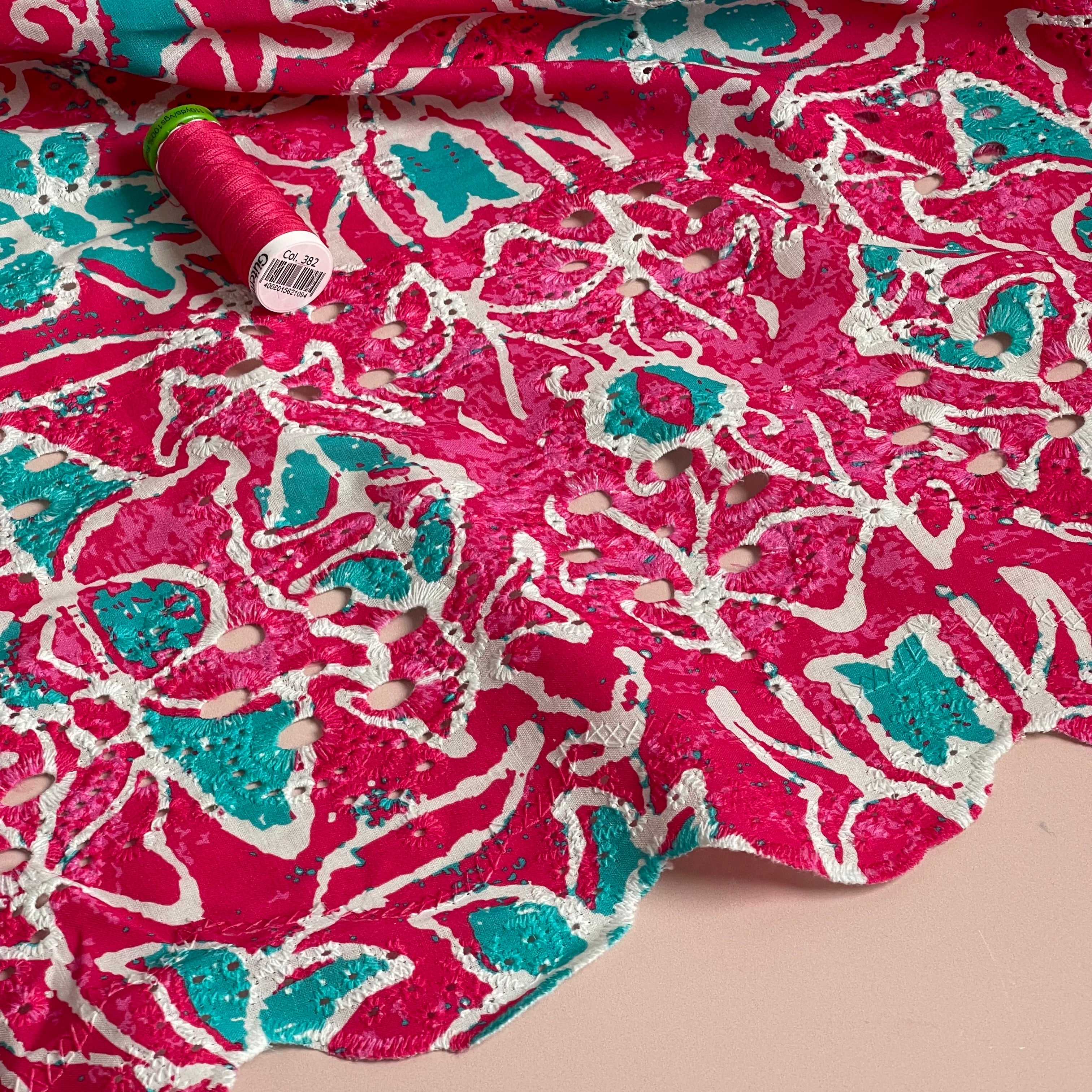 Abstract Flowers on Fuchsia Scalloped Embroidered Cotton Fabric