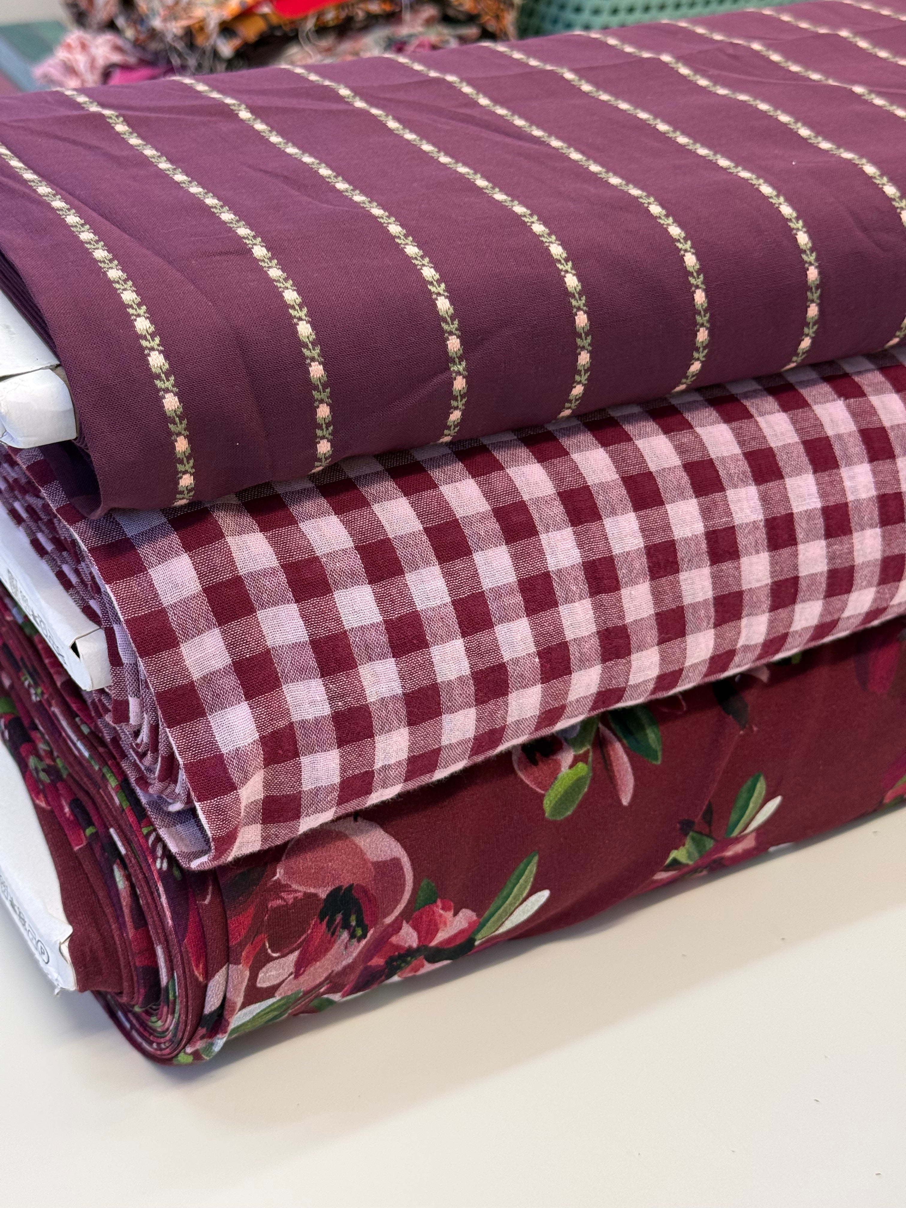 Painted Petals Wine Red Cotton French Terry Fabric