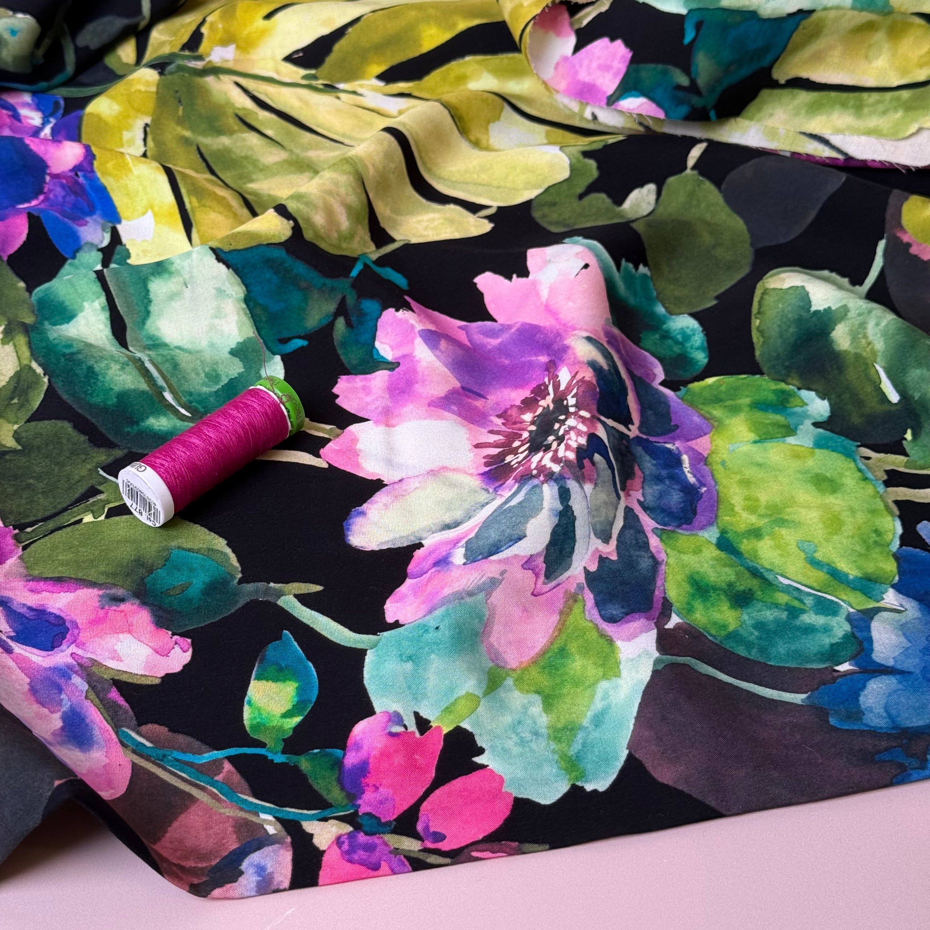 Winter Blooms with Pink Viscose Poplin Fabric