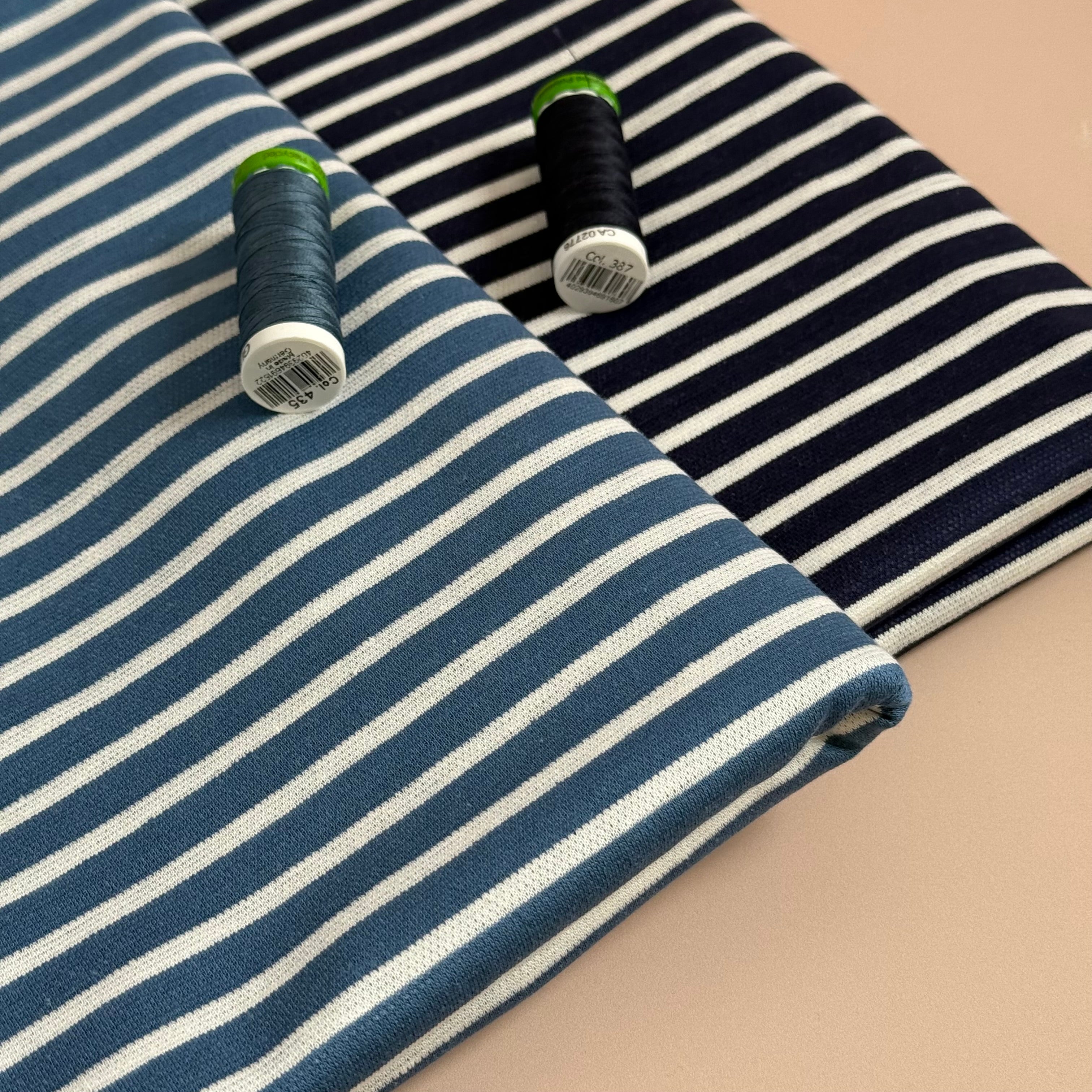 Ex-Designer Deadstock - Italian Linen Cotton blend jersey in Navy & White Stripes