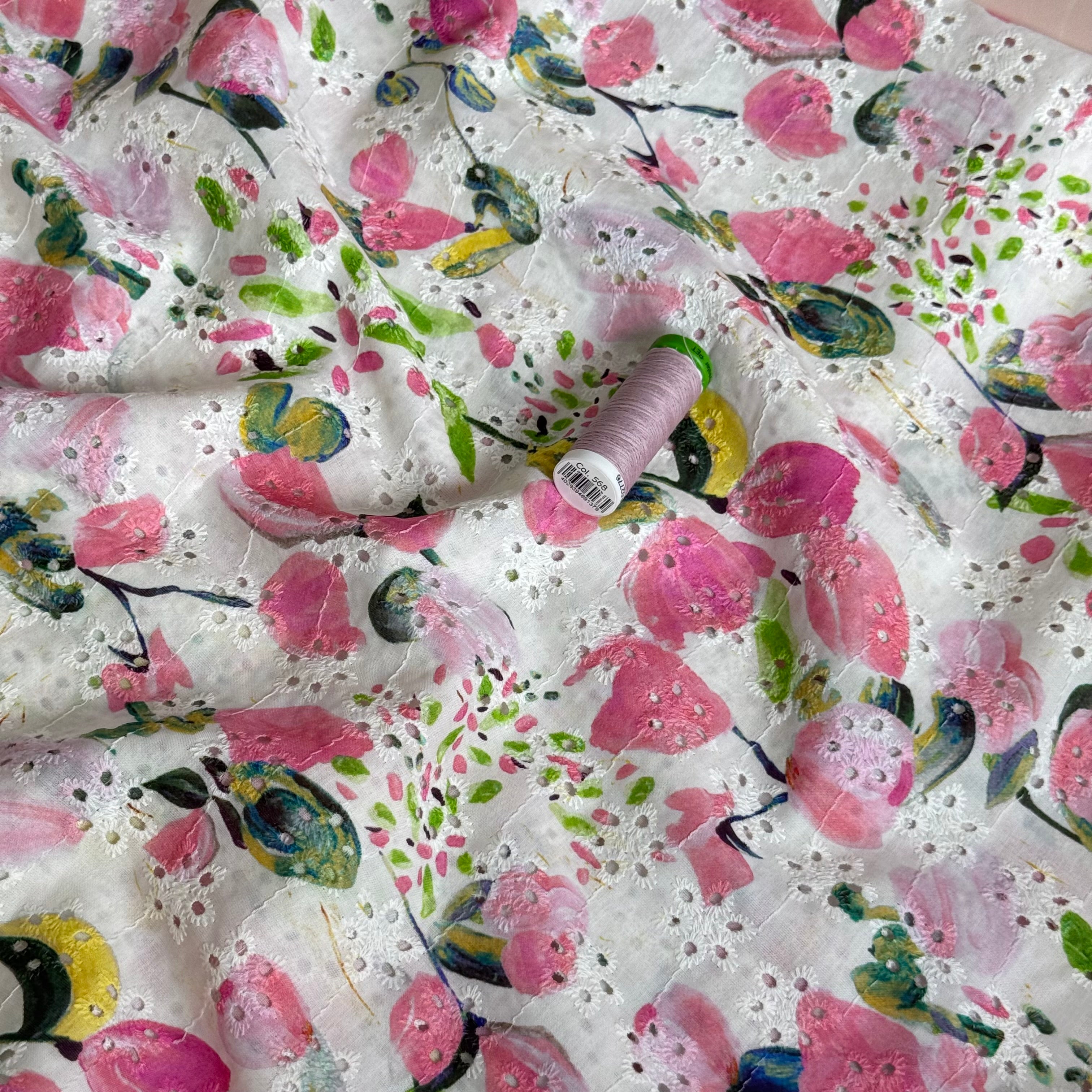 Pink Petals on Embroidered Cotton Voile Fabric