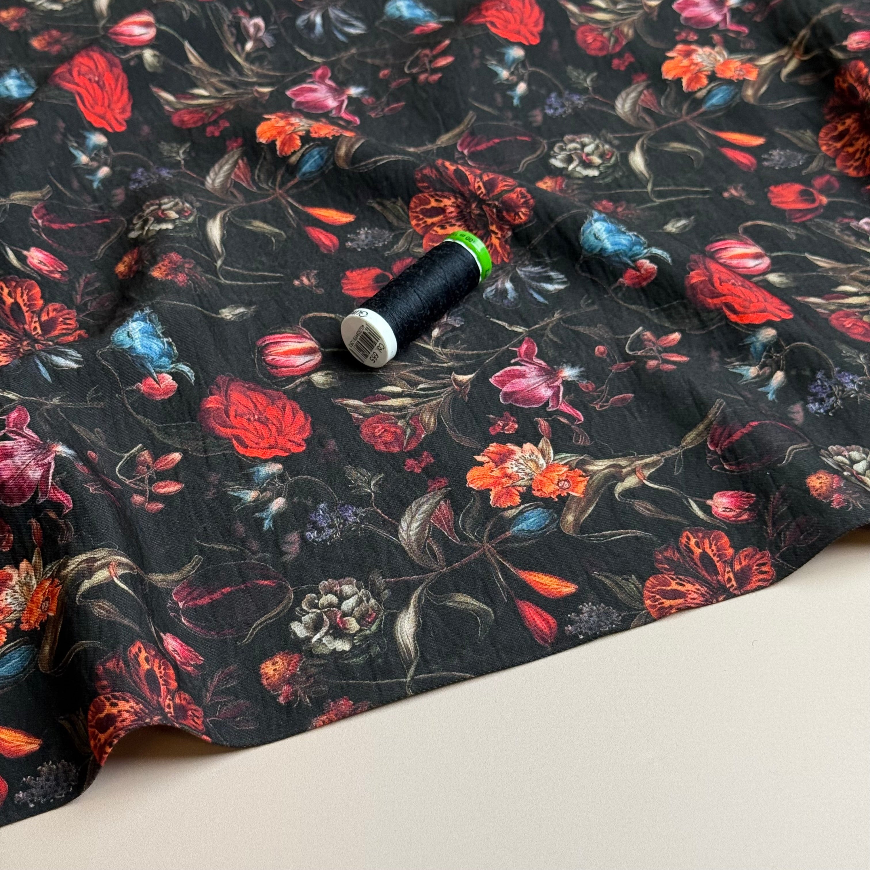 Winter Flowers Black Fine Viscose Twill