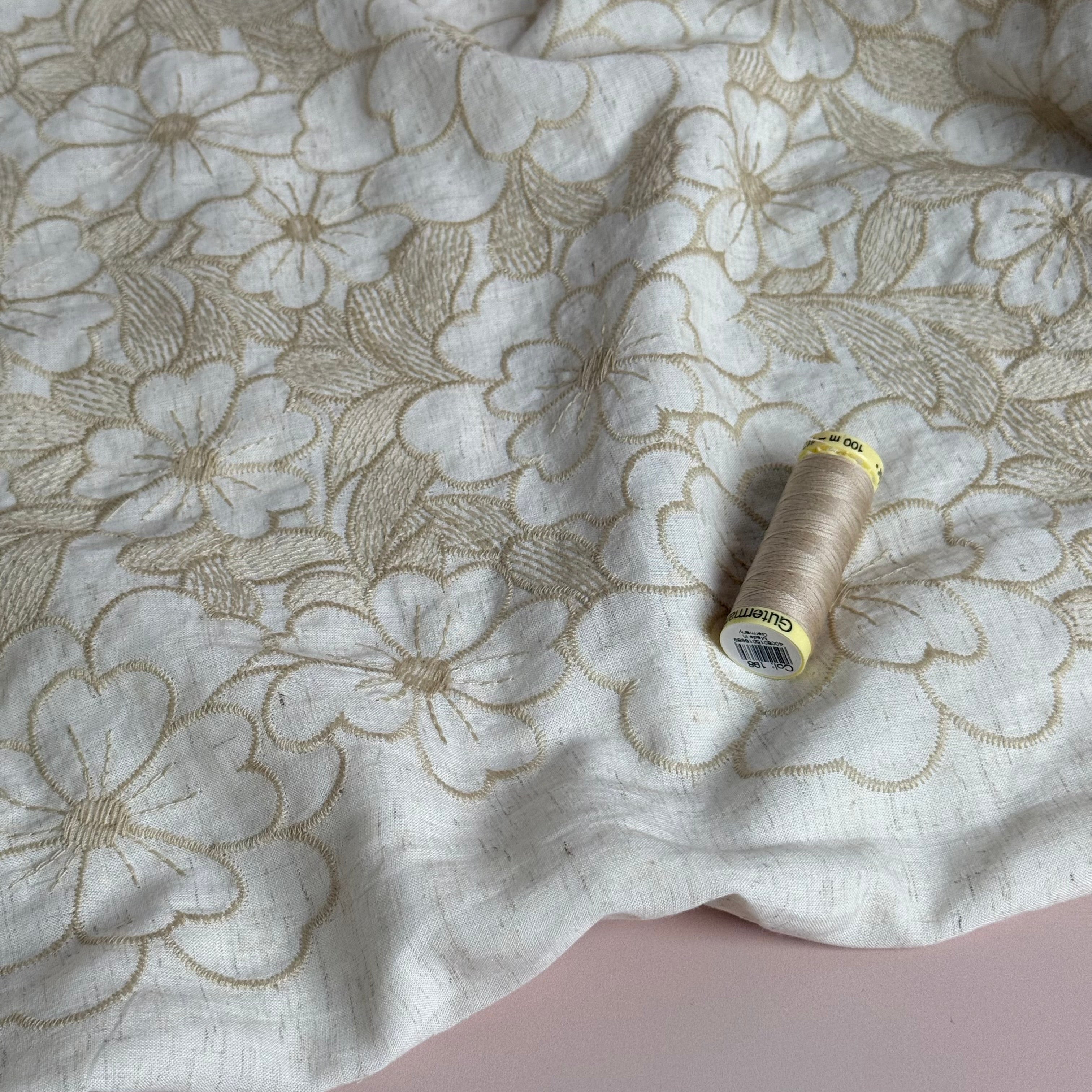 PRE-ORDER (arriving by end of May) Embroidered Flowers on Natural Cotton Fabric
