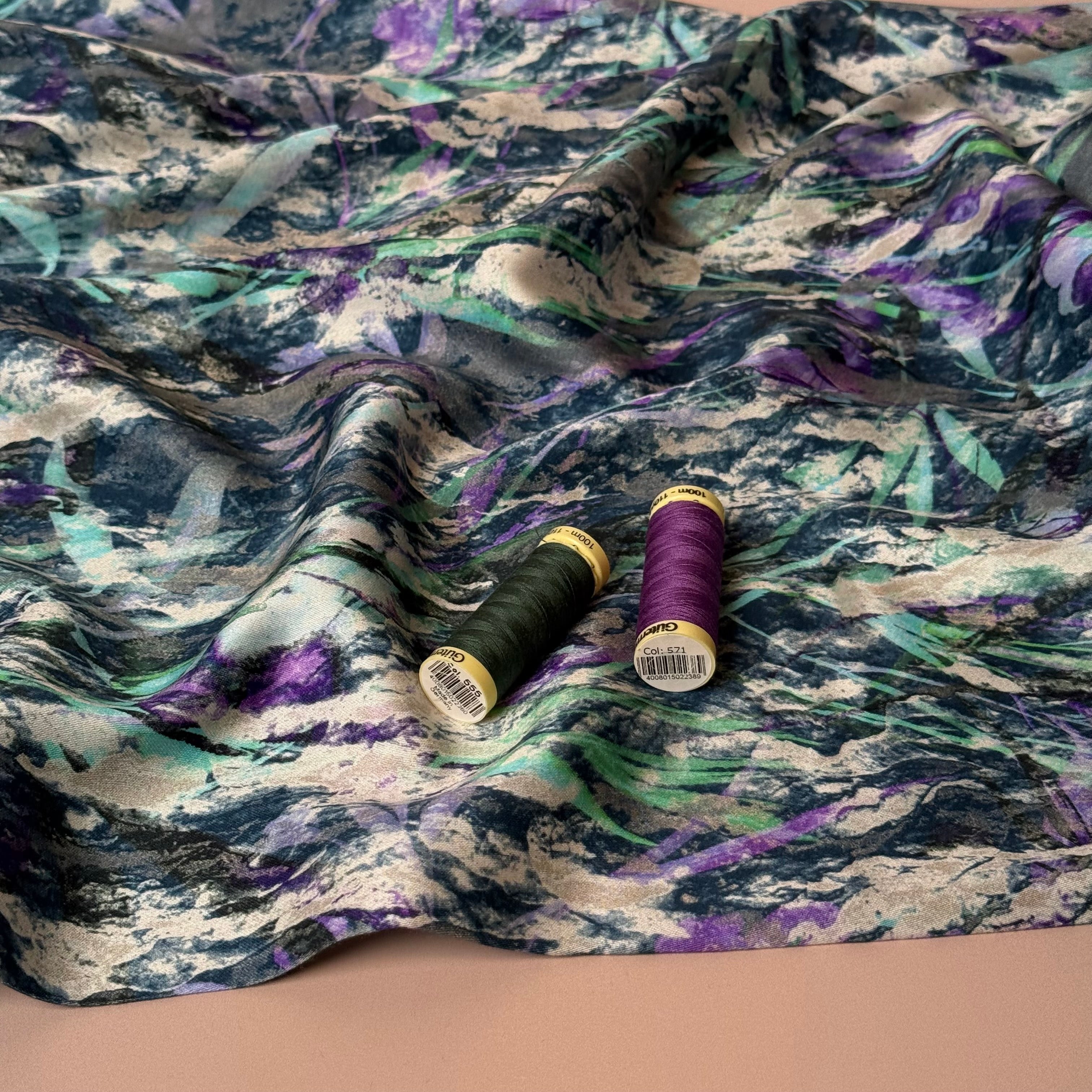 Autumn Foliage River Blue Viscose Sateen Fabric