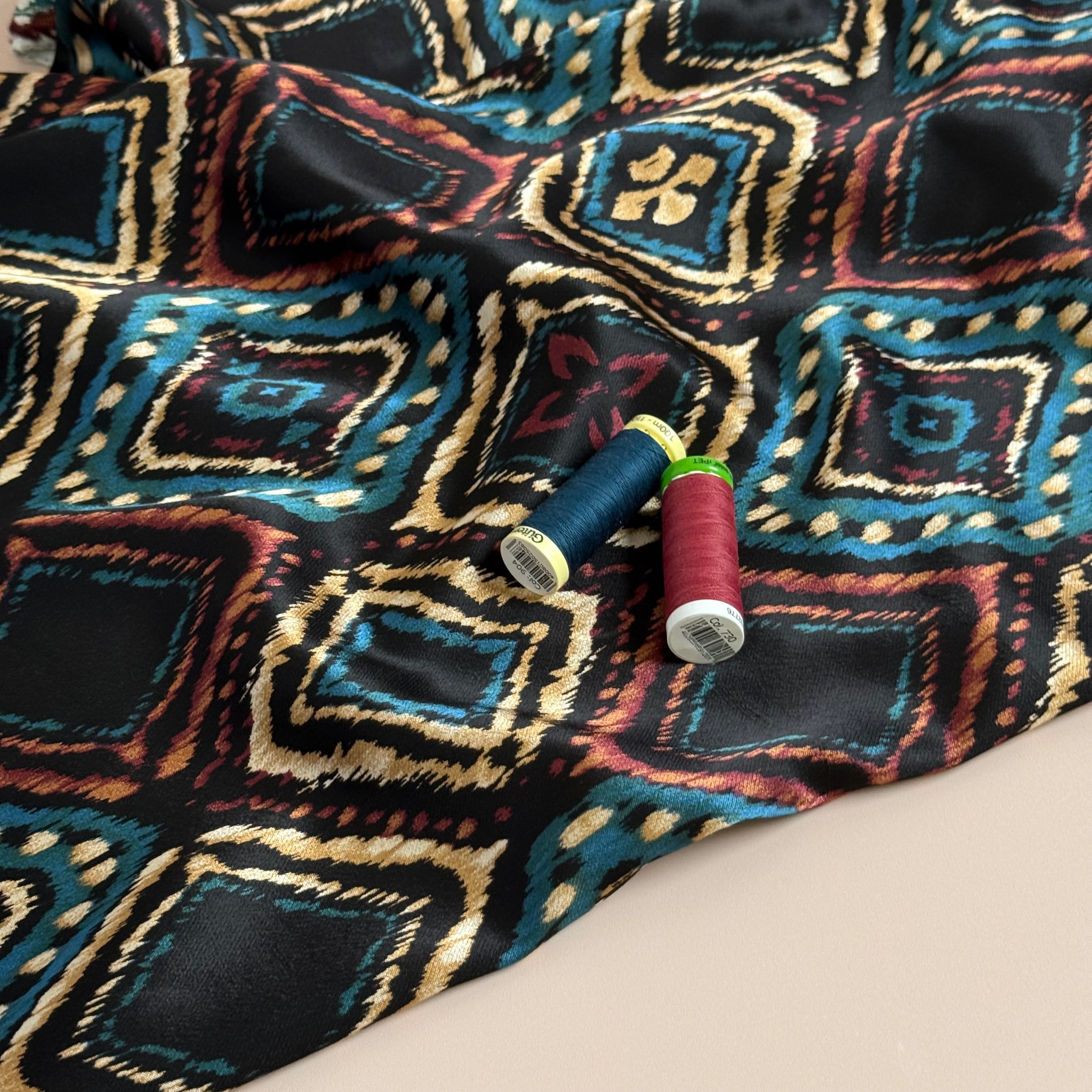 Retro Shapes Spun Viscose Sateen Fabric