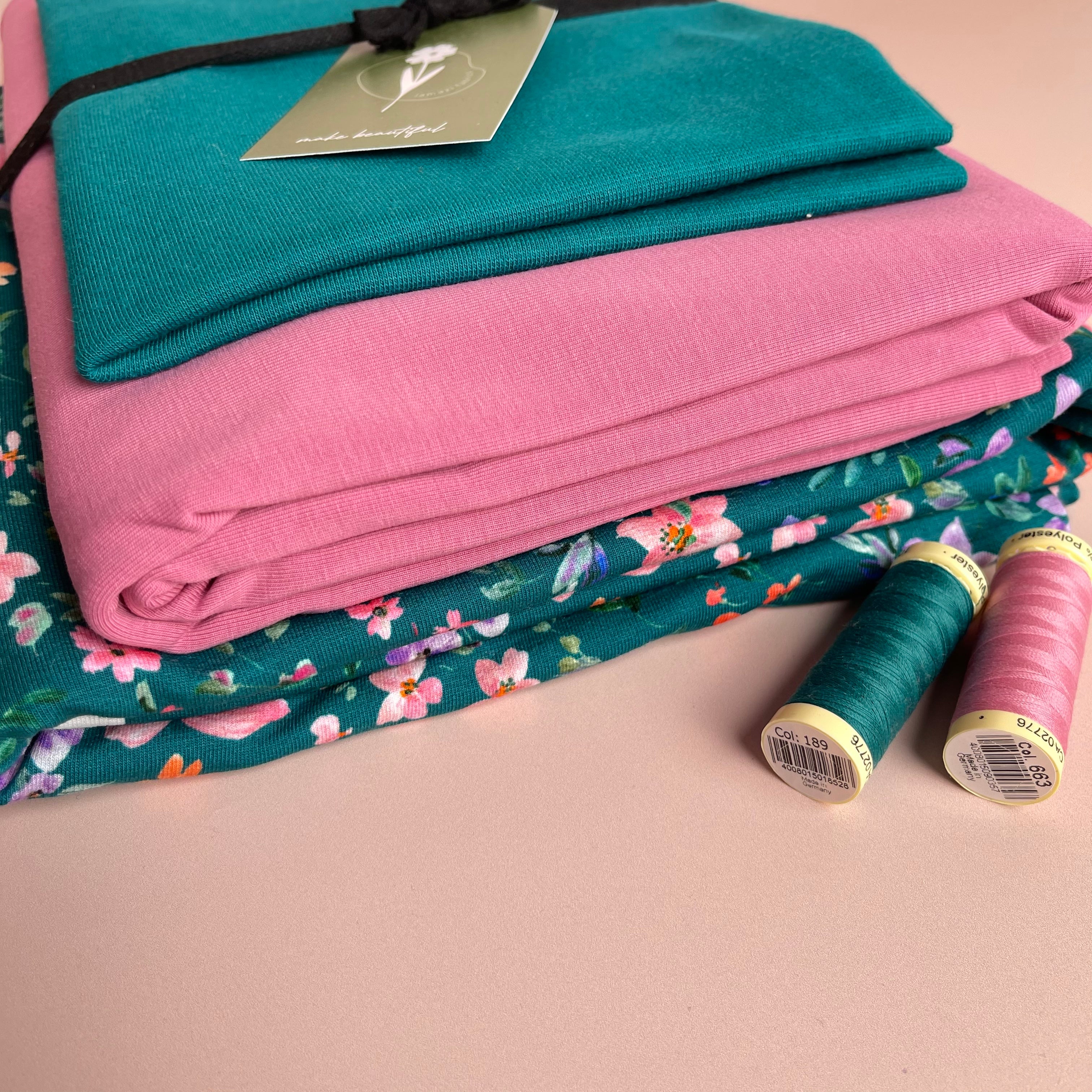Colour Bundles - Small Flowers Teal Cotton French Terry and Jersey with Ribbing