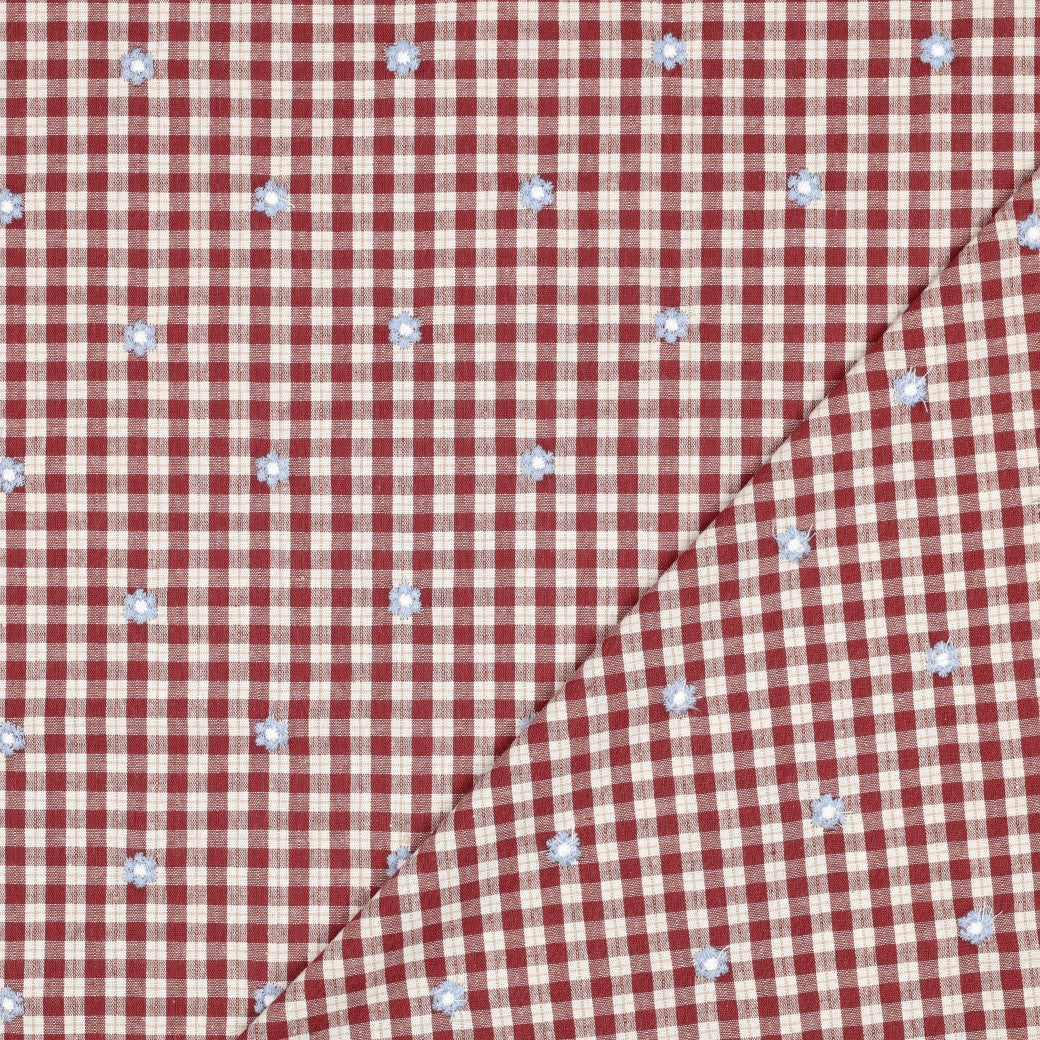 Embroidered Flowers on Rosewood Gingham Cotton Viscose Fabric