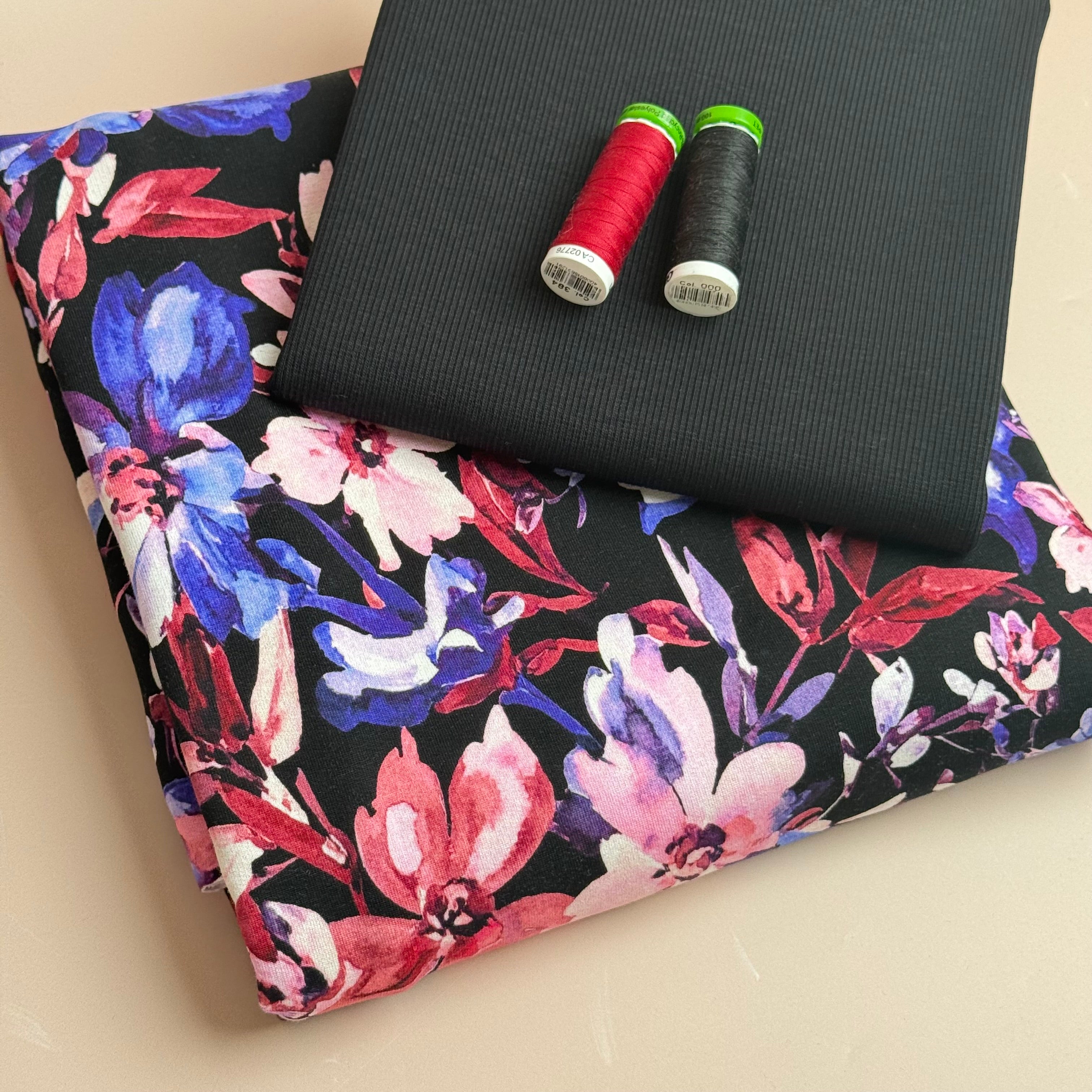 Colour Bundles - Purple Flowers Black Cotton French Terry & Matching Ribbing