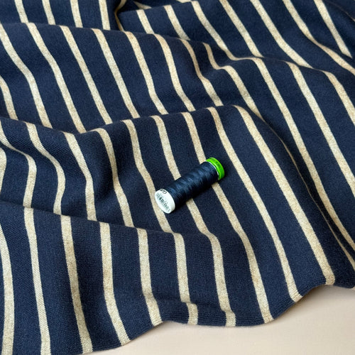 Yarn Dyed Viscose Blend Double Knit Stripes in Navy & Beige