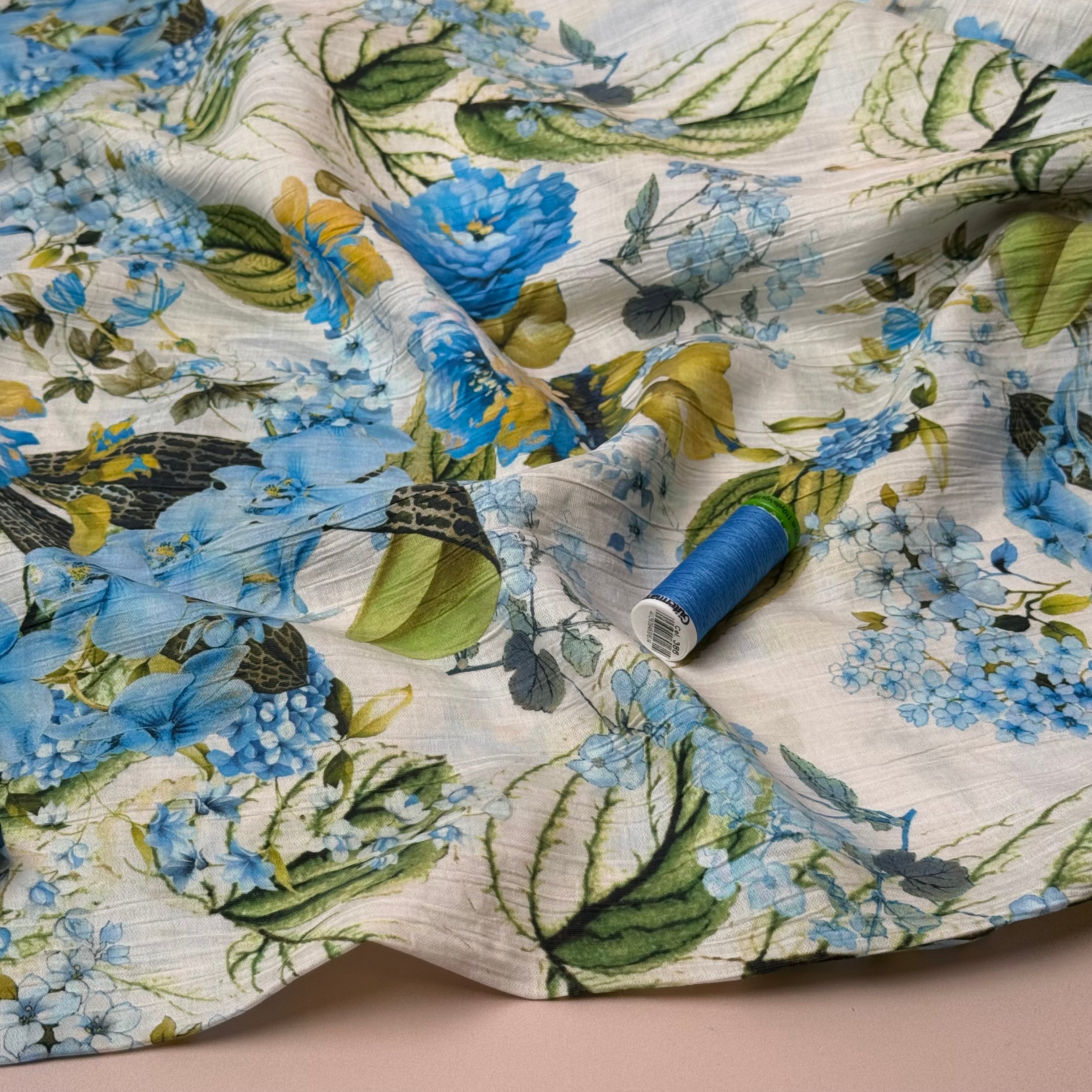 Botanical Blooms Blue Textured Viscose Fabric