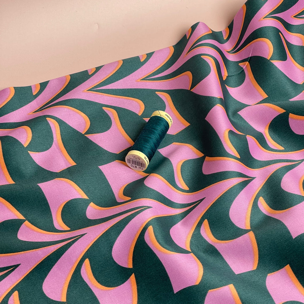 Abstract Green and Lilac Cotton Sateen Fabric