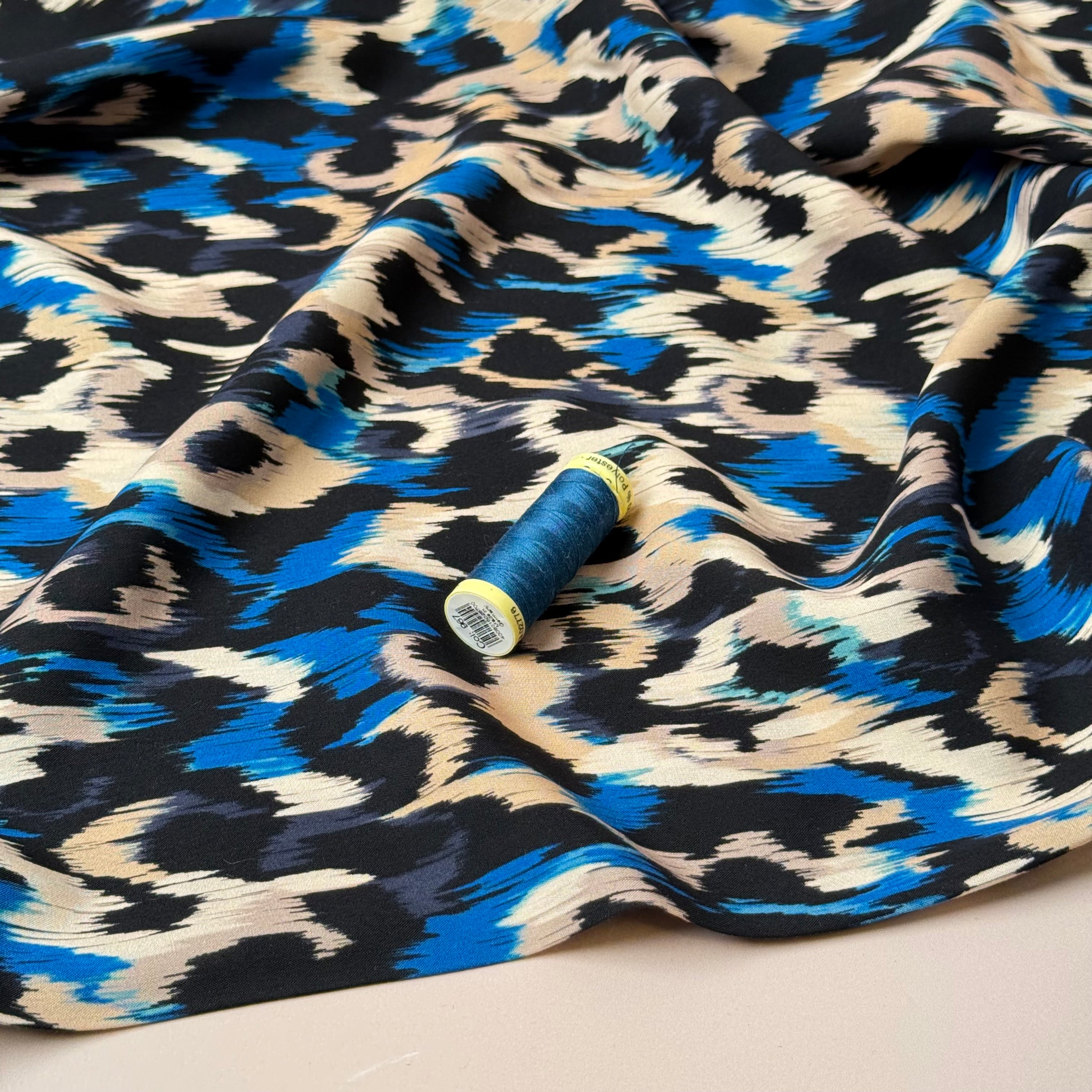 Abstract Animal Blue Viscose Poplin Fabric