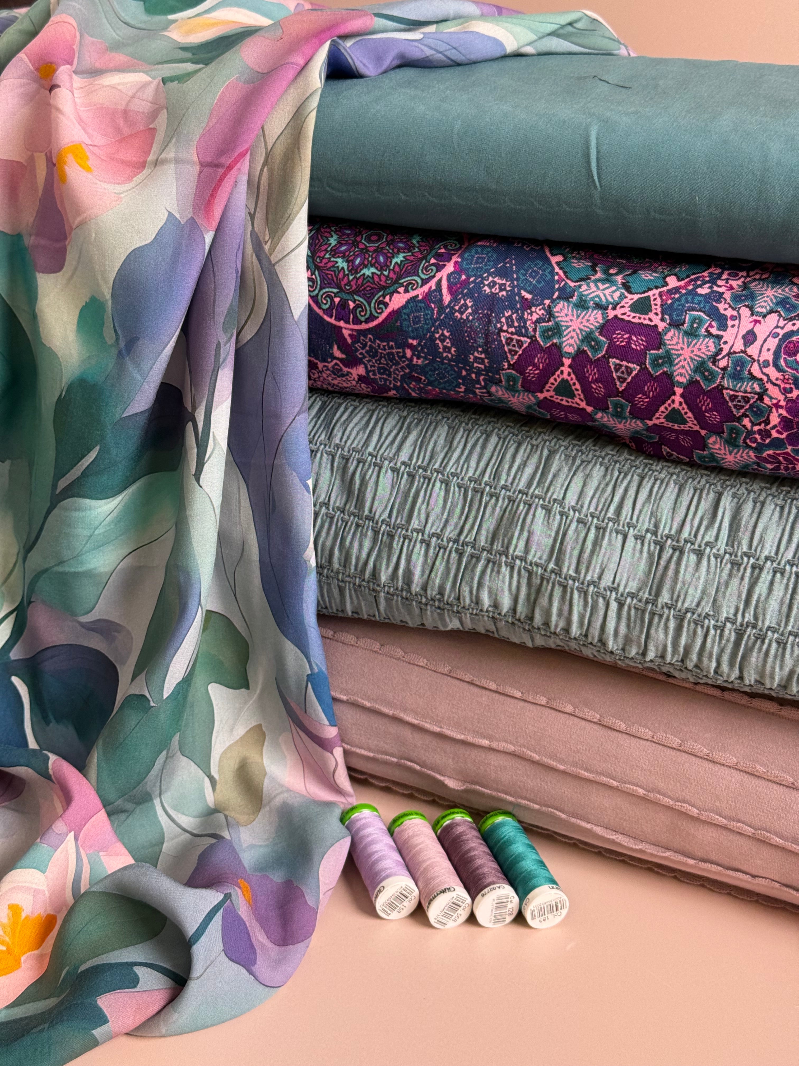 Painted Flowers Petrol Viscose Fabric