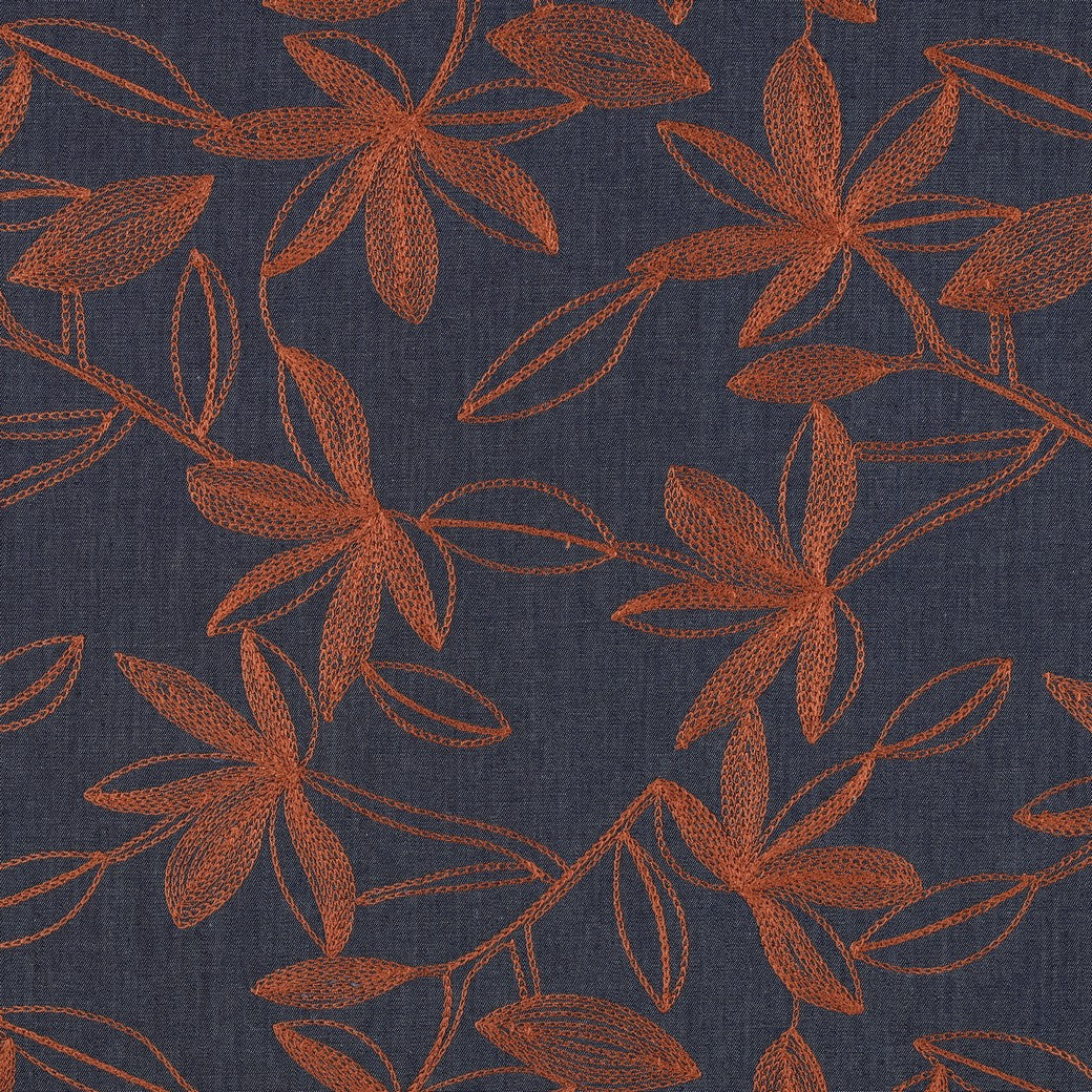 Denim with Camel Embroidered Flowers Cotton Fabric