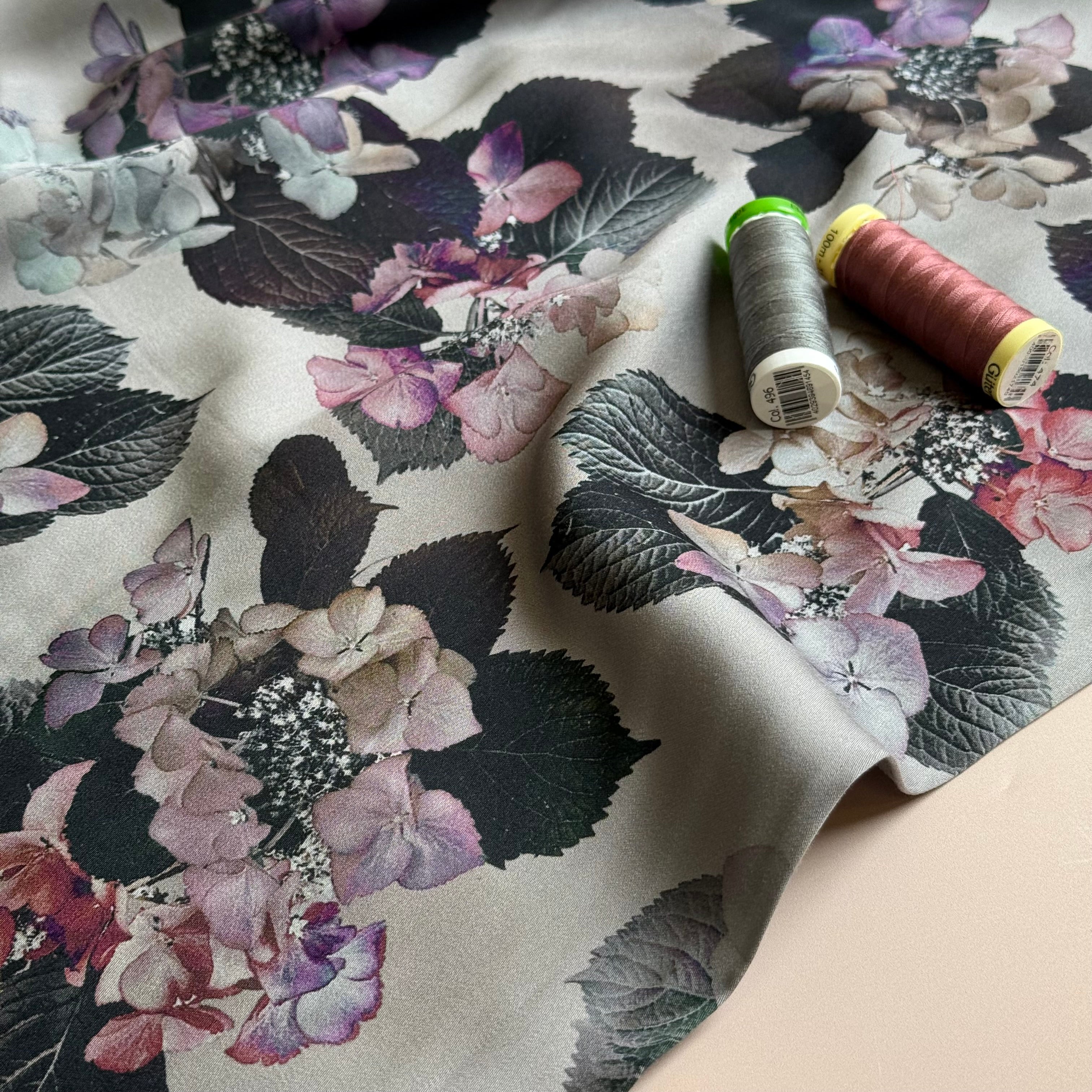 Hydrangeas on Silver Viscose Sateen Fabric