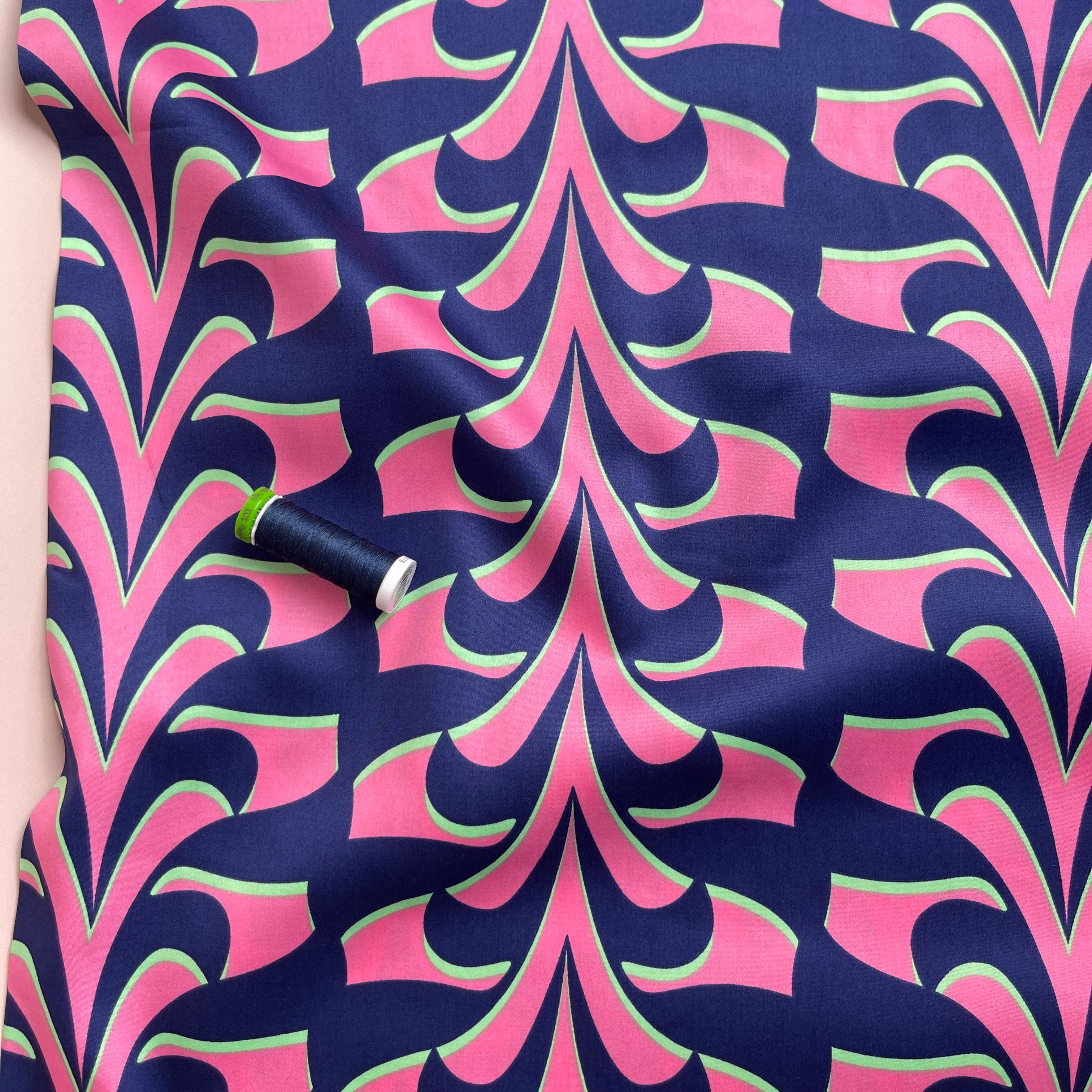 Abstract Navy and Pink Cotton Sateen Fabric