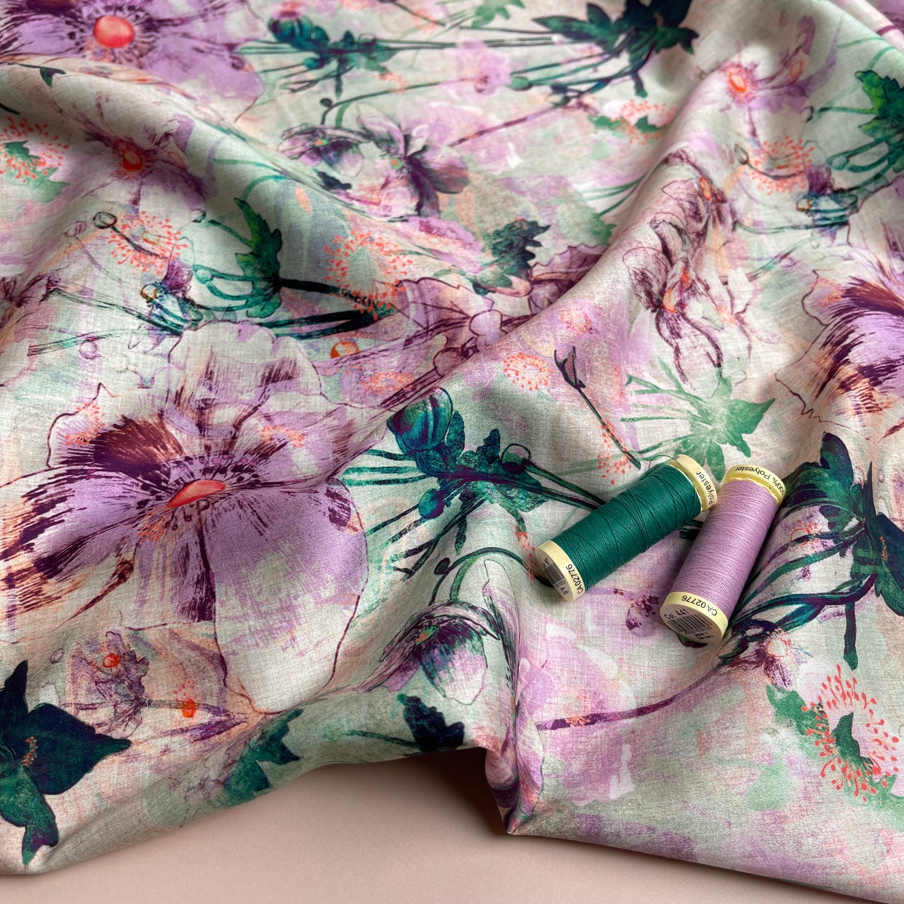 Nerida Hansen - Japanese Anemone Lilac Cotton Sateen Fabric