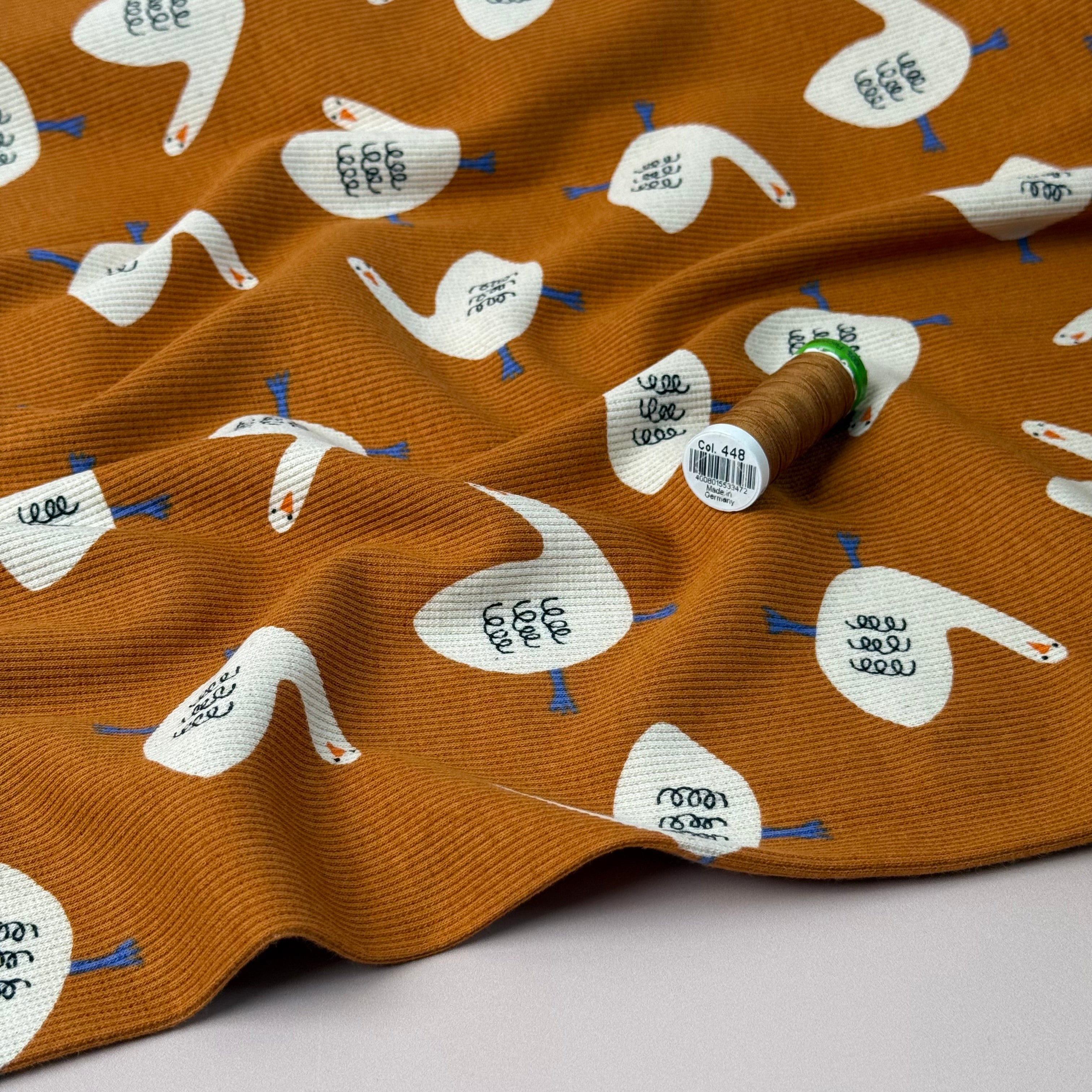 Geese on Ochre Organic GOTS Cotton Ribbed Jersey