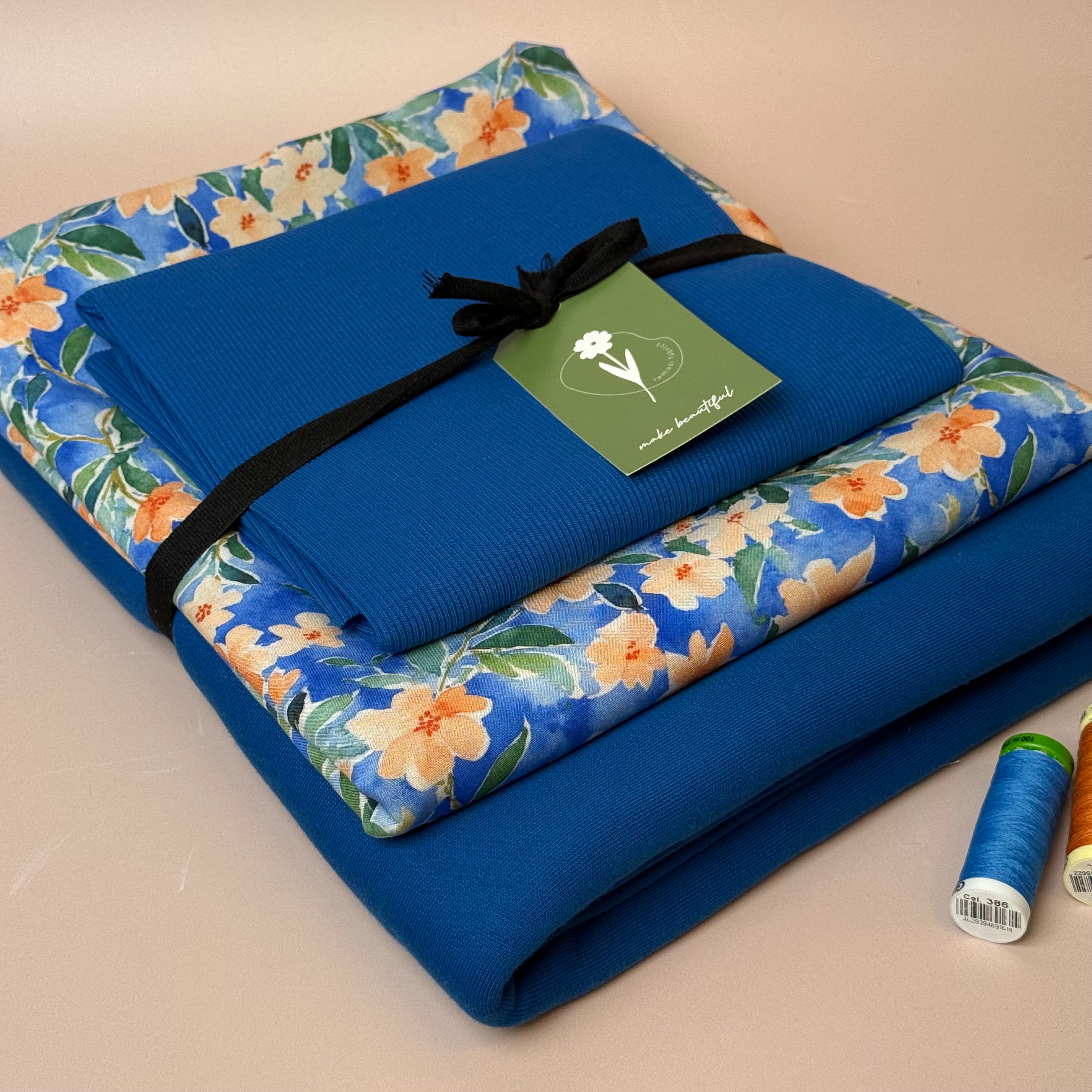 Make an Outfit Colour Bundle - Peach Flowers Viscose & Brushed Sweatshirt in Intense Blue with Ribbing