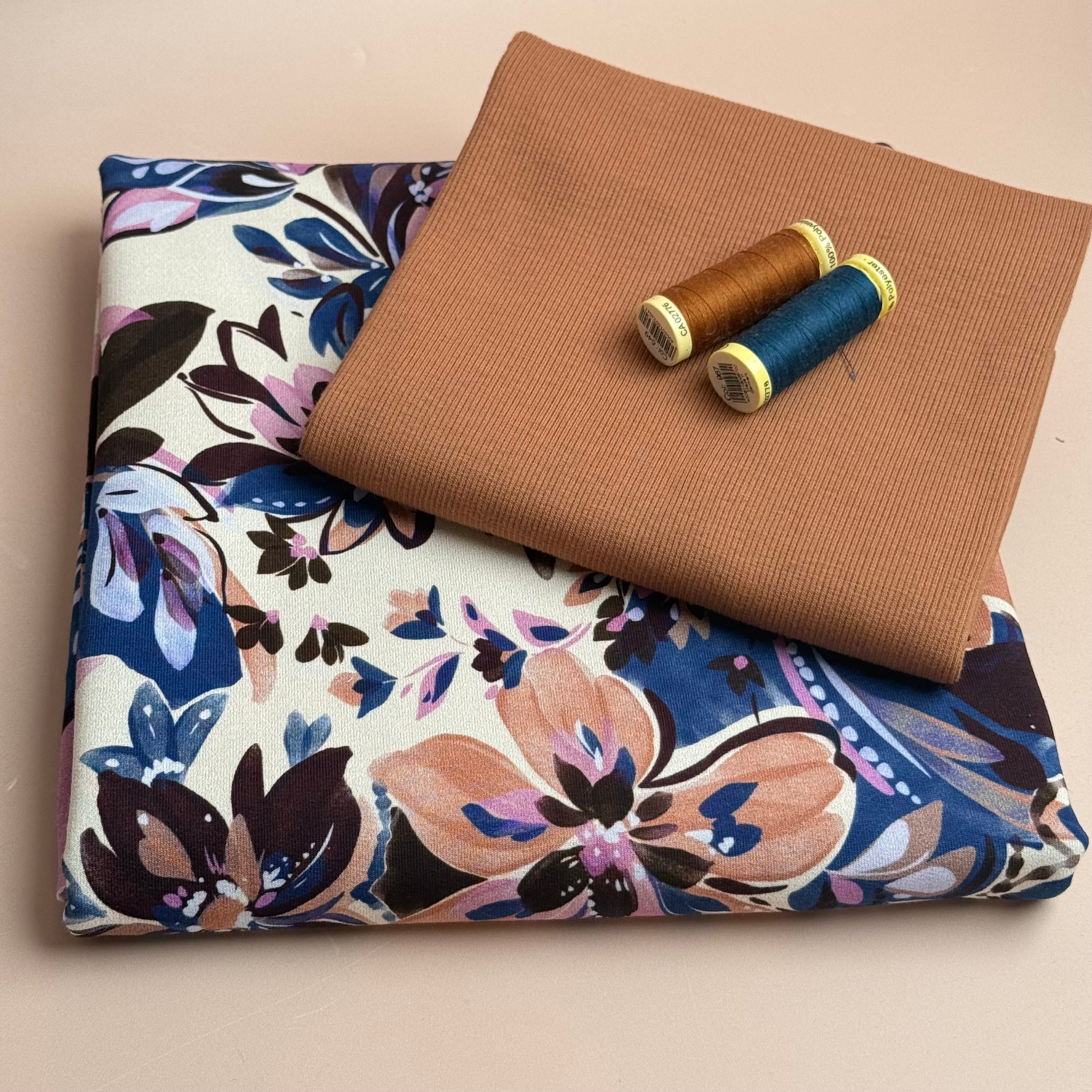 Colour Bundles - Painted Neutral Flowers Cotton French Terry & Matching Ribbing