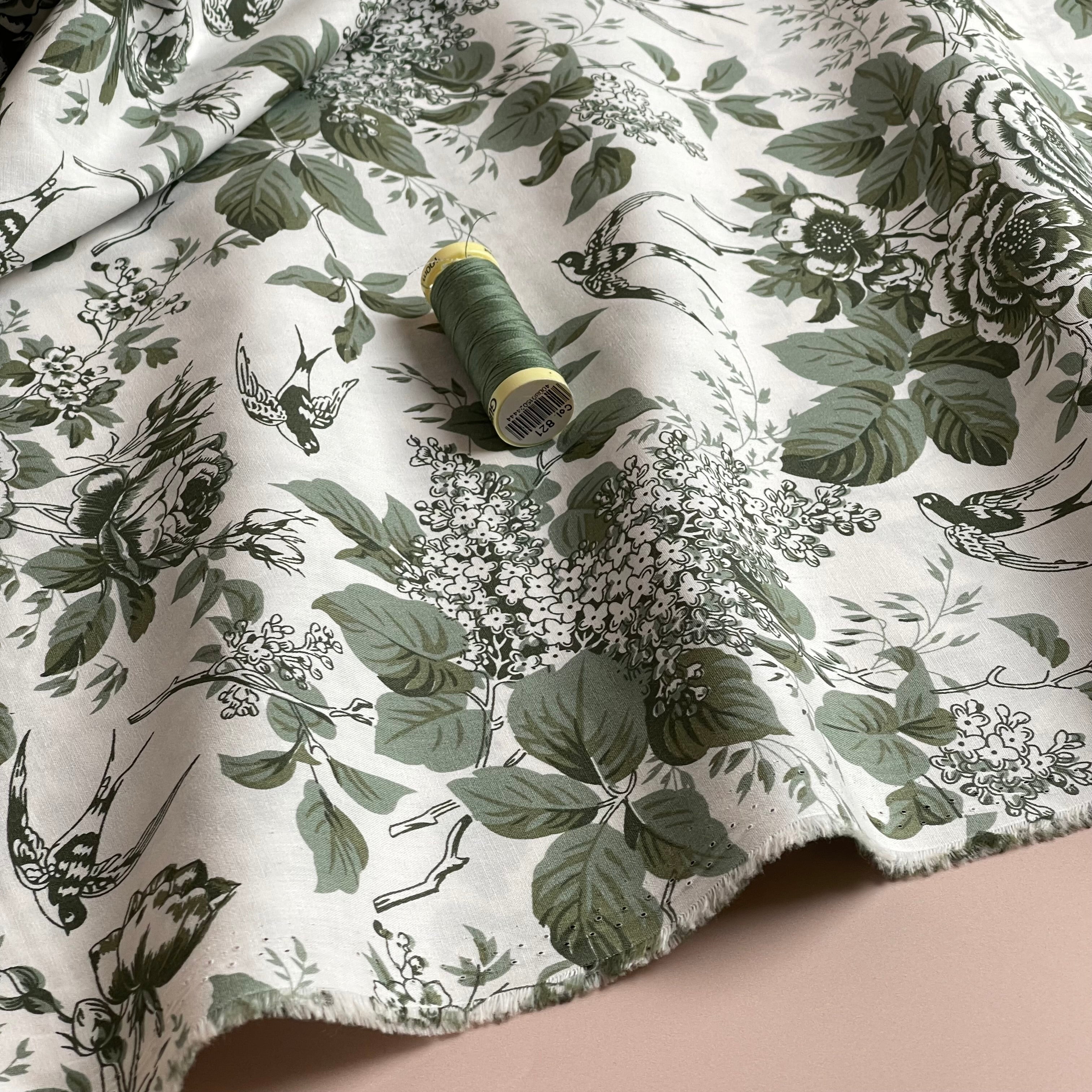 Toile De Jouy Birds in Dusty Mint Cotton Poplin