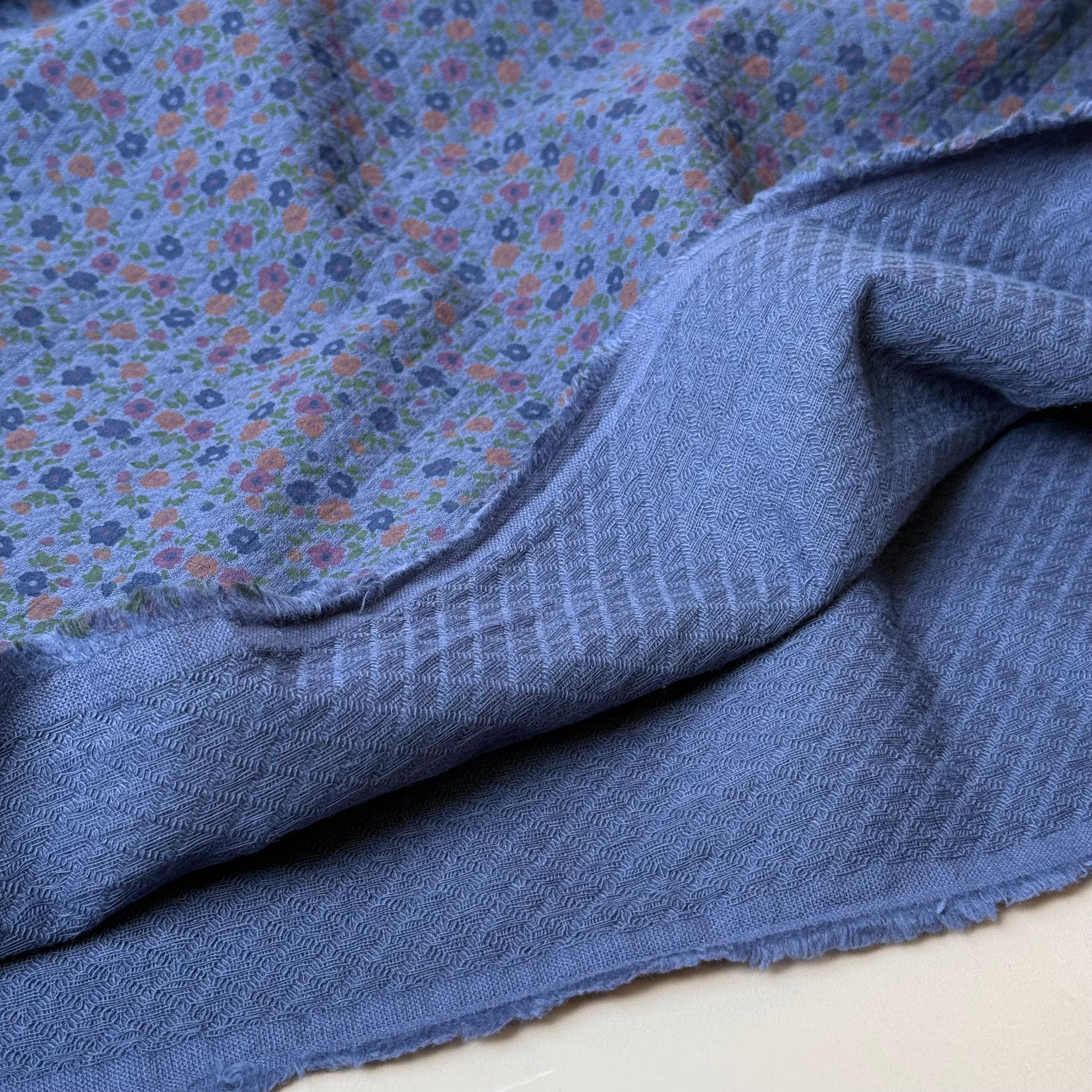 Ditsy Flowers Red on Blue Cotton Diamond Jacquard Fabric