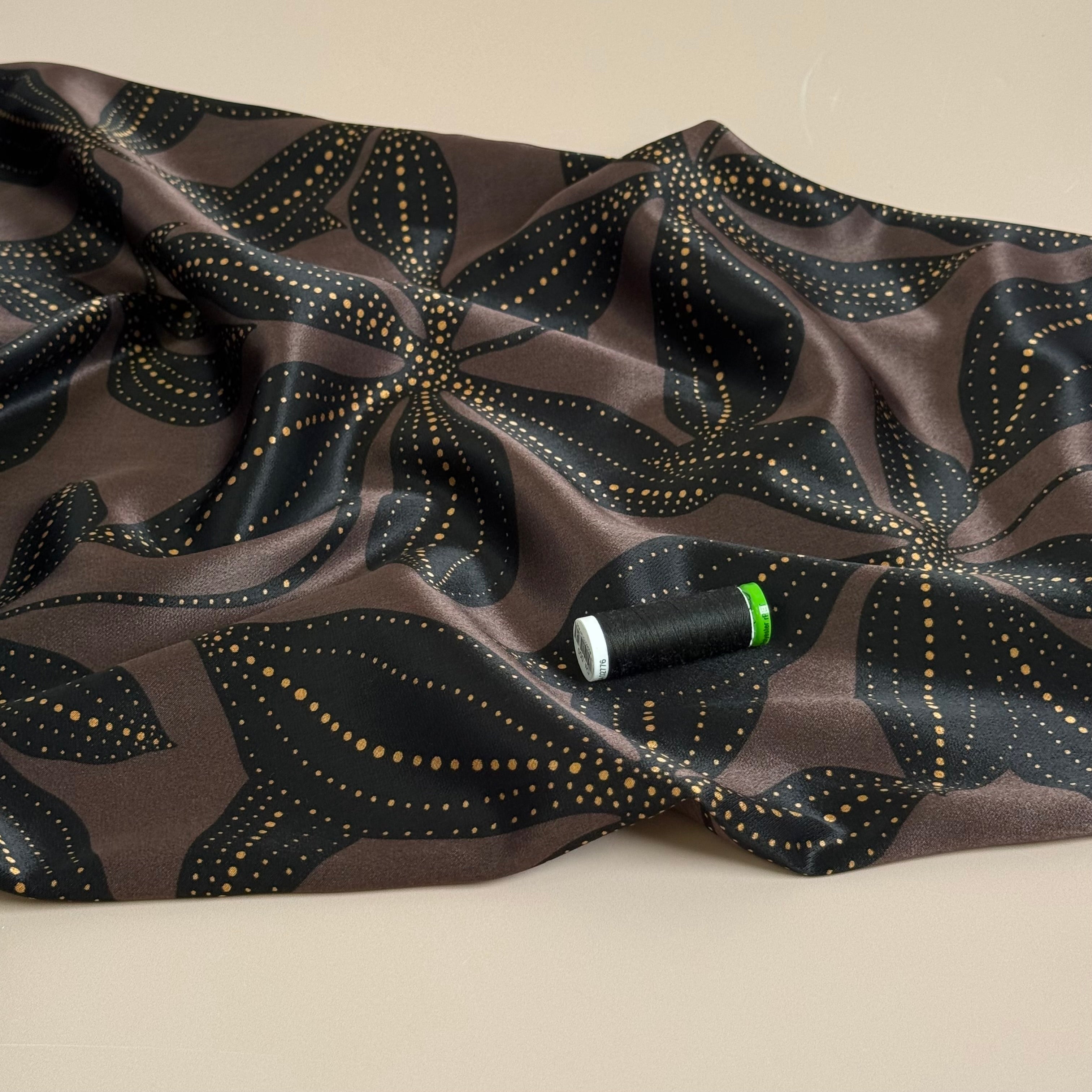 Spoty Flower on Dark Brown Spun Viscose Sateen Fabric