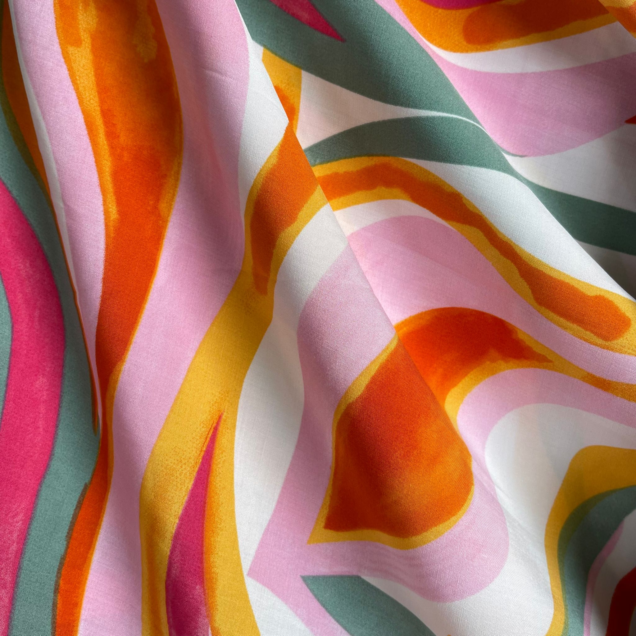 Abstract Waves Pink Viscose Poplin Fabric