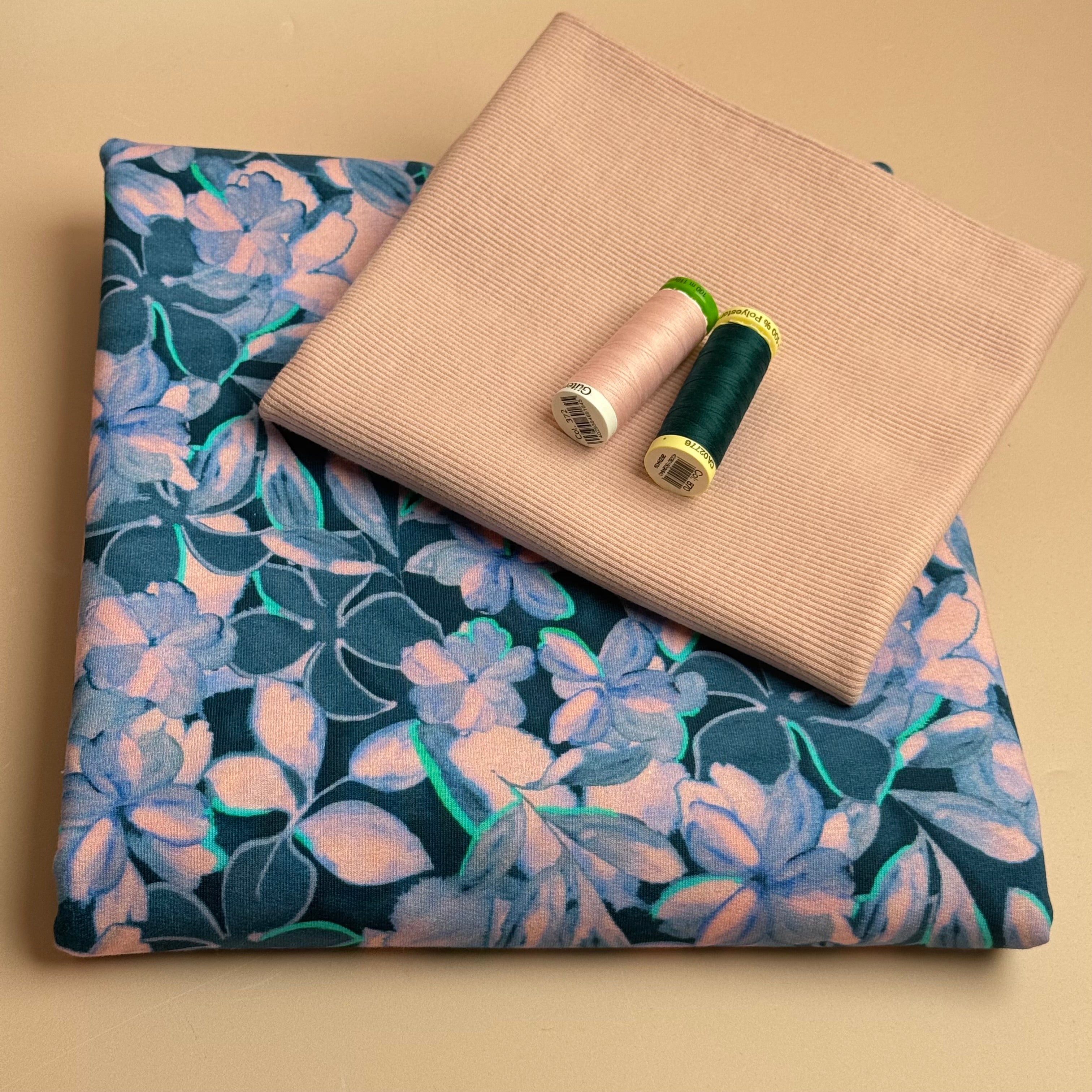 Colour Bundles - Painted Petals Petrol Cotton French Terry & Matching Ribbing