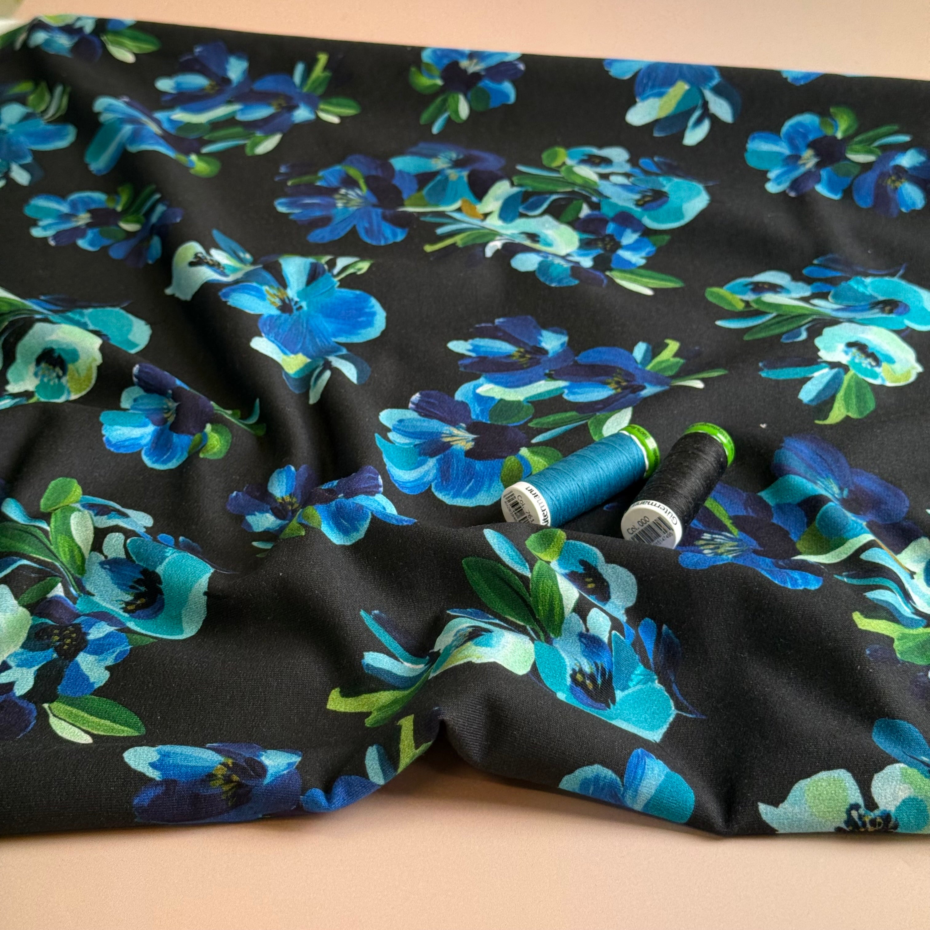 Painted Petals Black Cotton French Terry Fabric