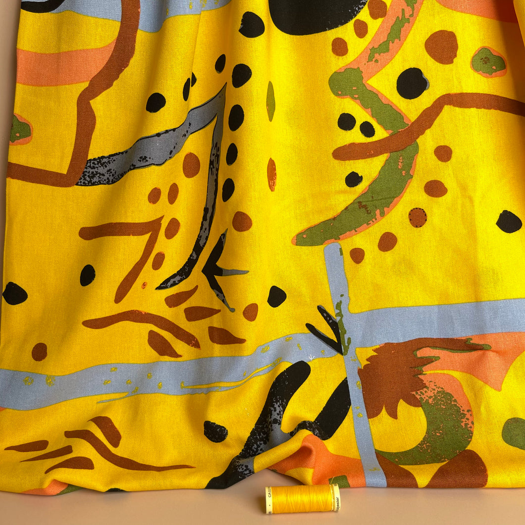 REMNANT 1.62 Metres - Modern Art Yellow Viscose Linen Blend Fabric