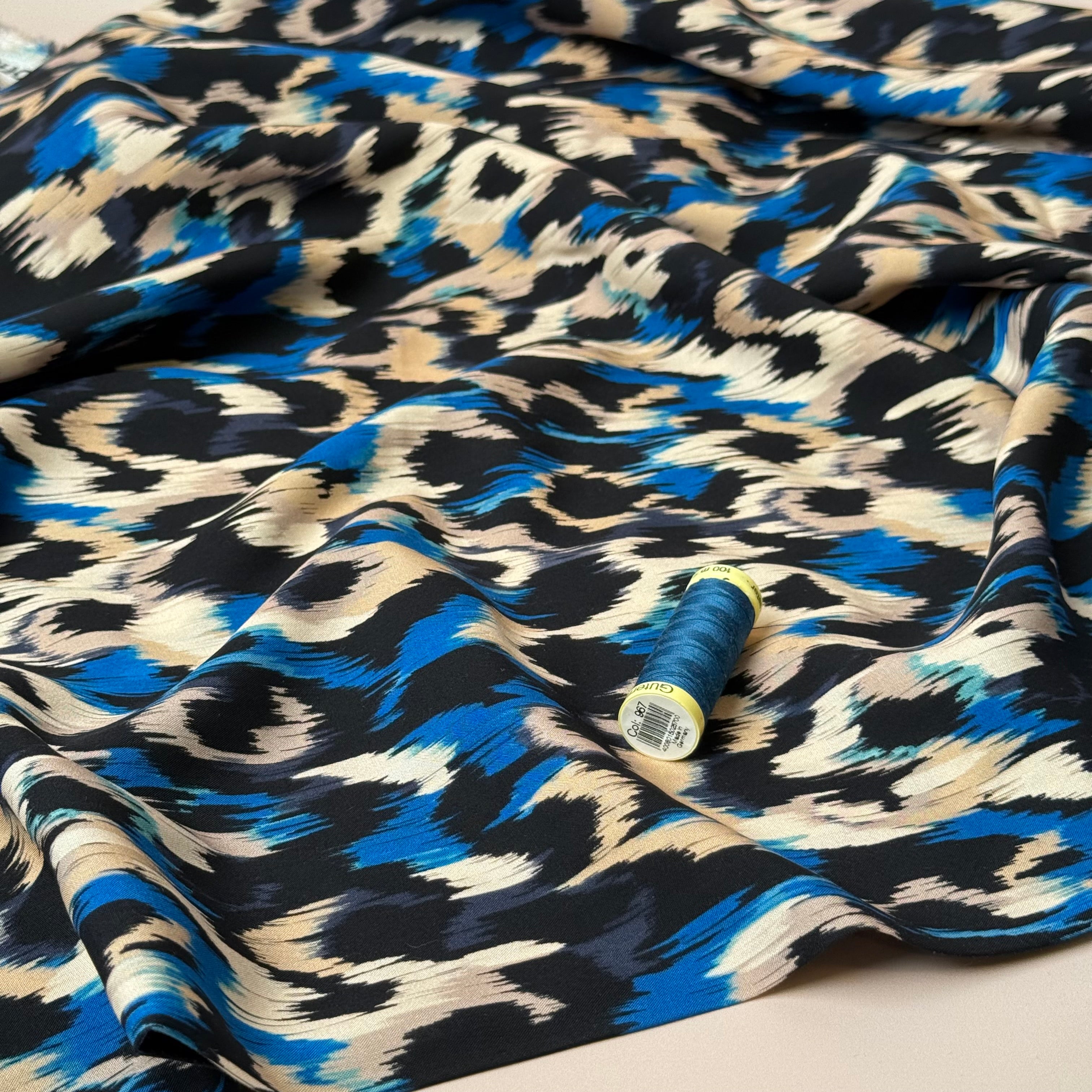 Abstract Animal Blue Viscose Poplin Fabric