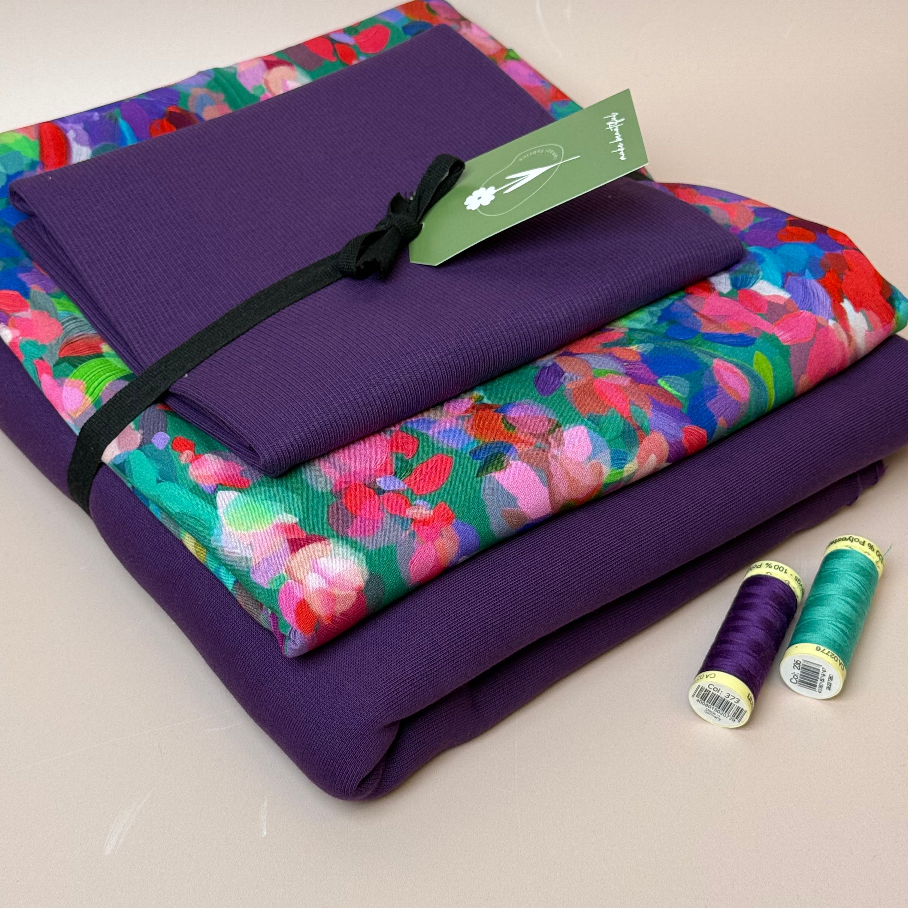 Make an Outfit Colour Bundle - Lupine Petals Viscose & Brushed Sweatshirt in Plum with Ribbing