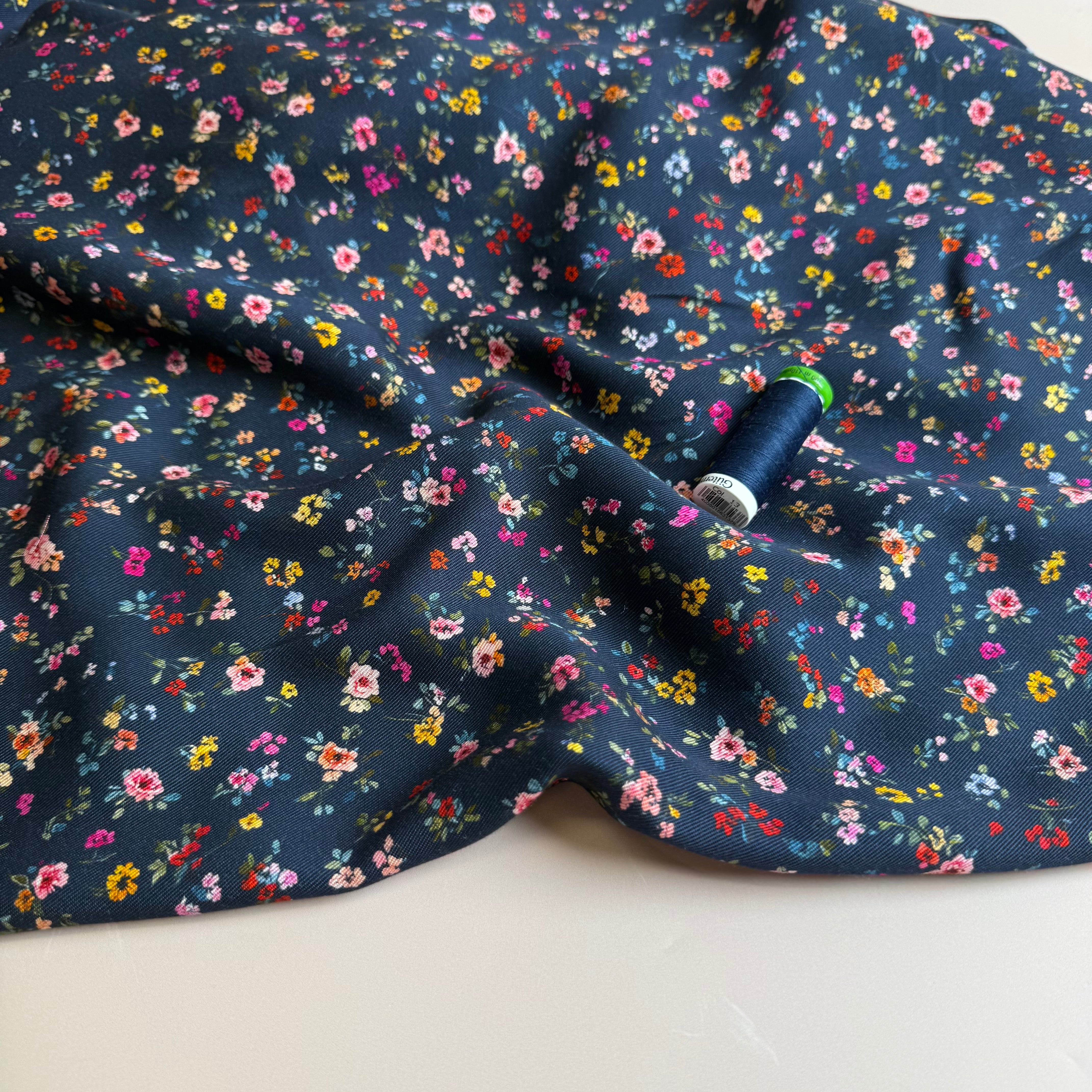 Ditsy Flowers Navy Lyocell Twill Fabric