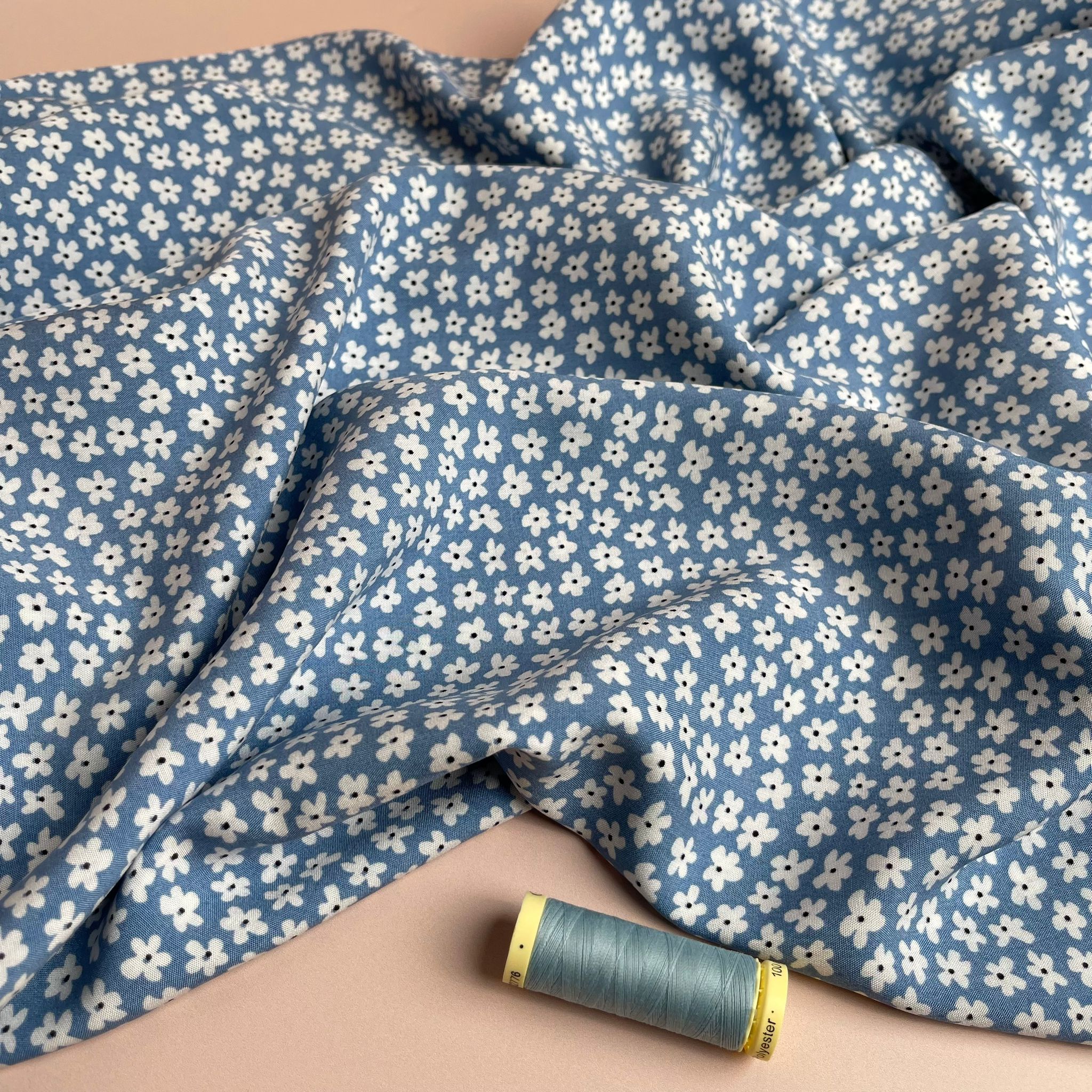 REMNANT 1.2 Metres - Small Flowers Light Blue Viscose / Rayon Fabric