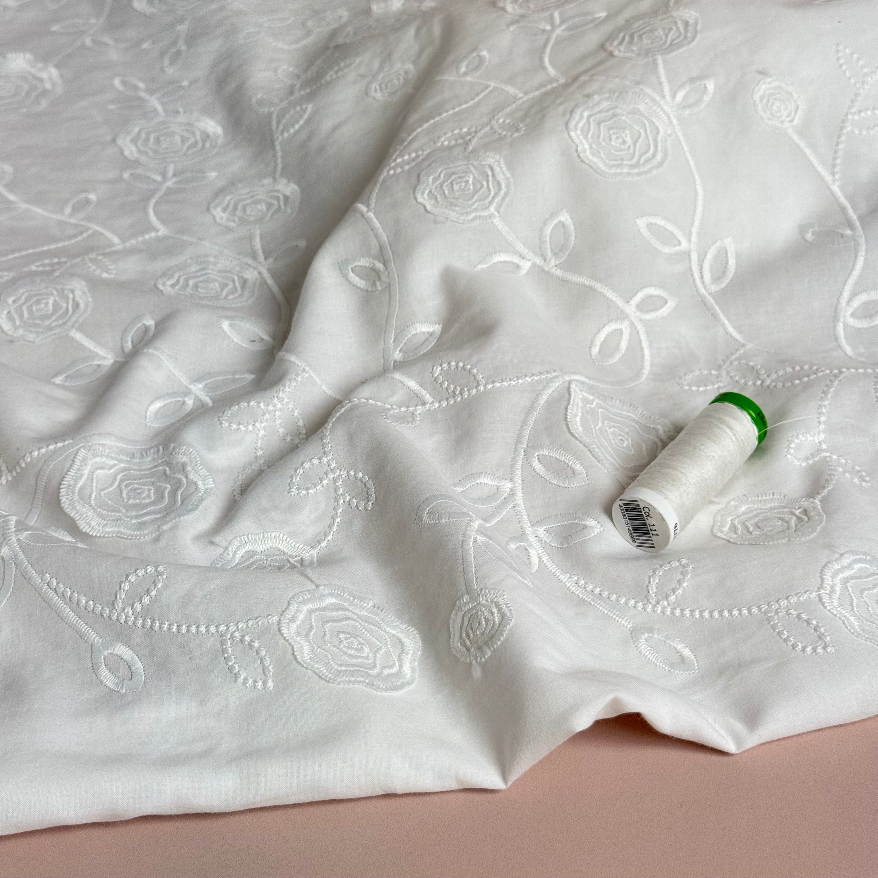Embroidered Flowers White Cotton Fabric
