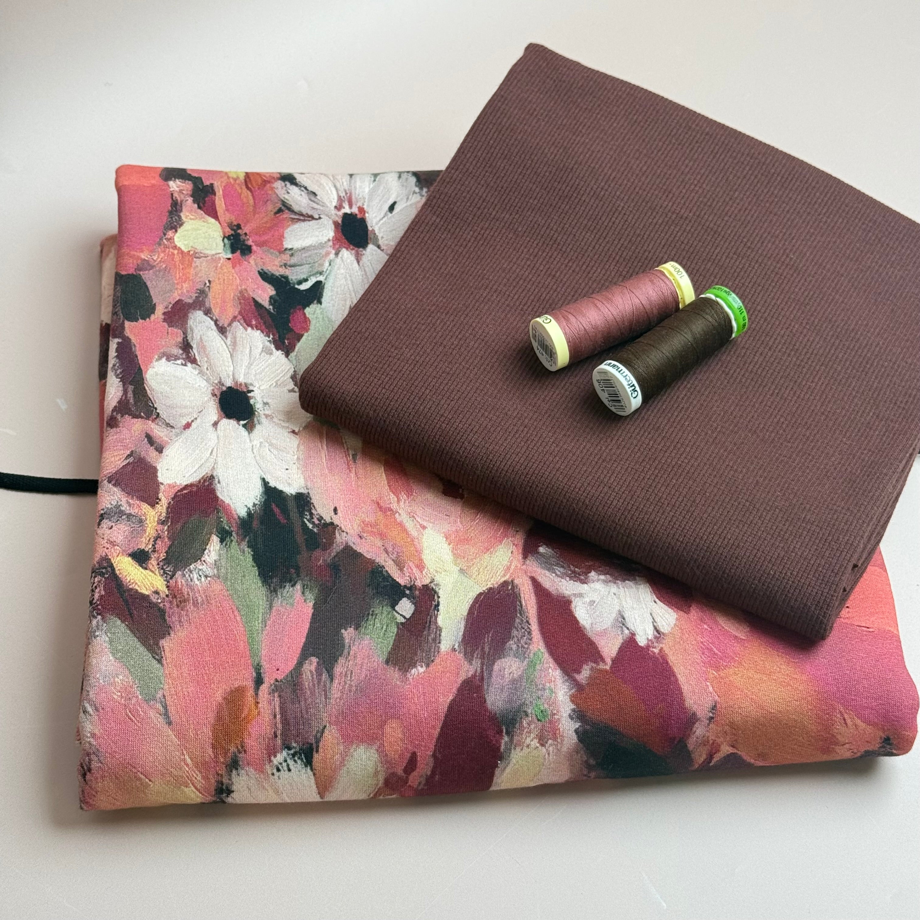 Colour Bundles - Painted Florals Burgundy Cotton French Terry & Matching Ribbing