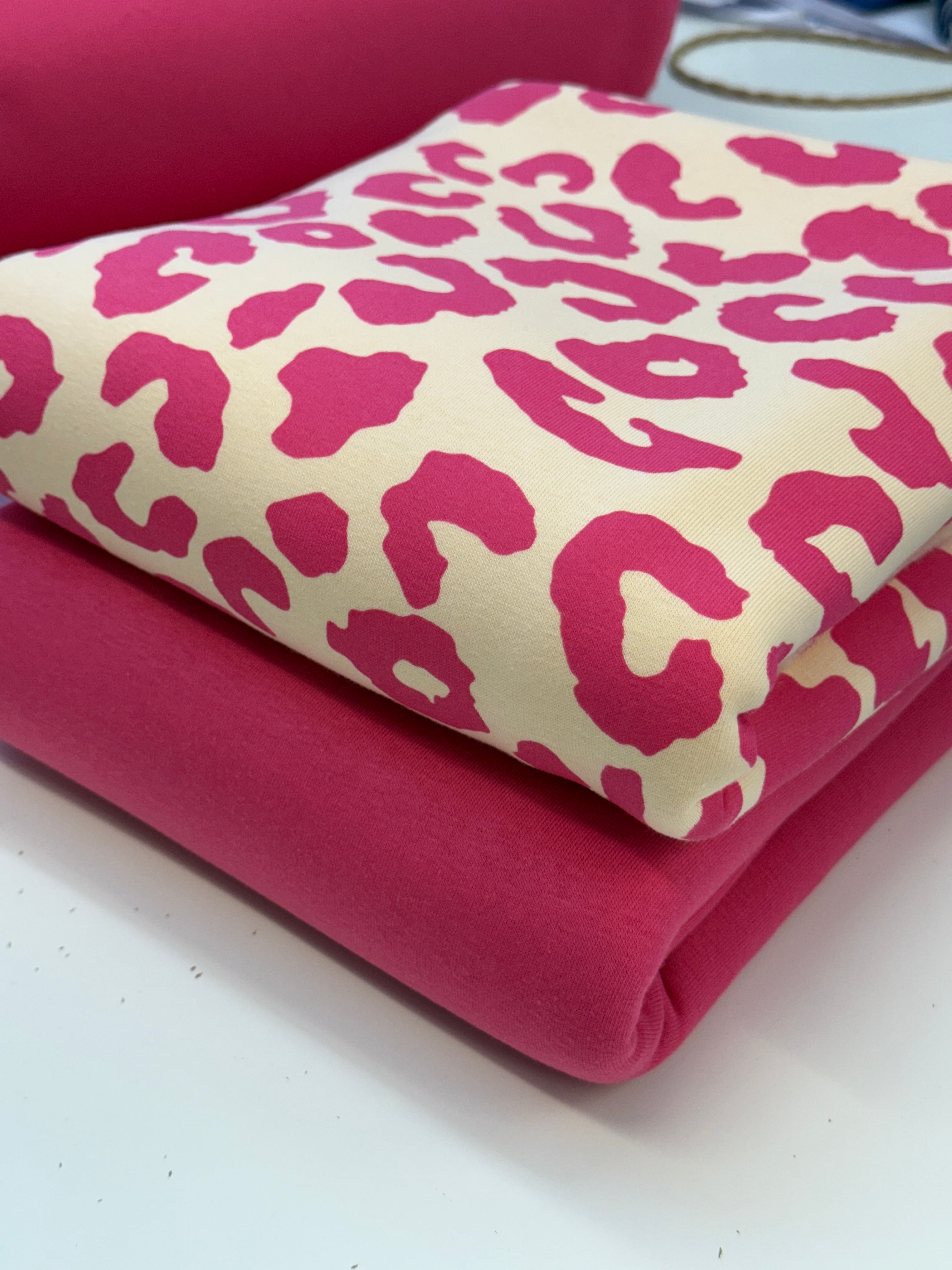 REMNANT 0.86 Metre - Carmine Rose Leopard Fleece-back Organic Cotton Sweat-Shirting