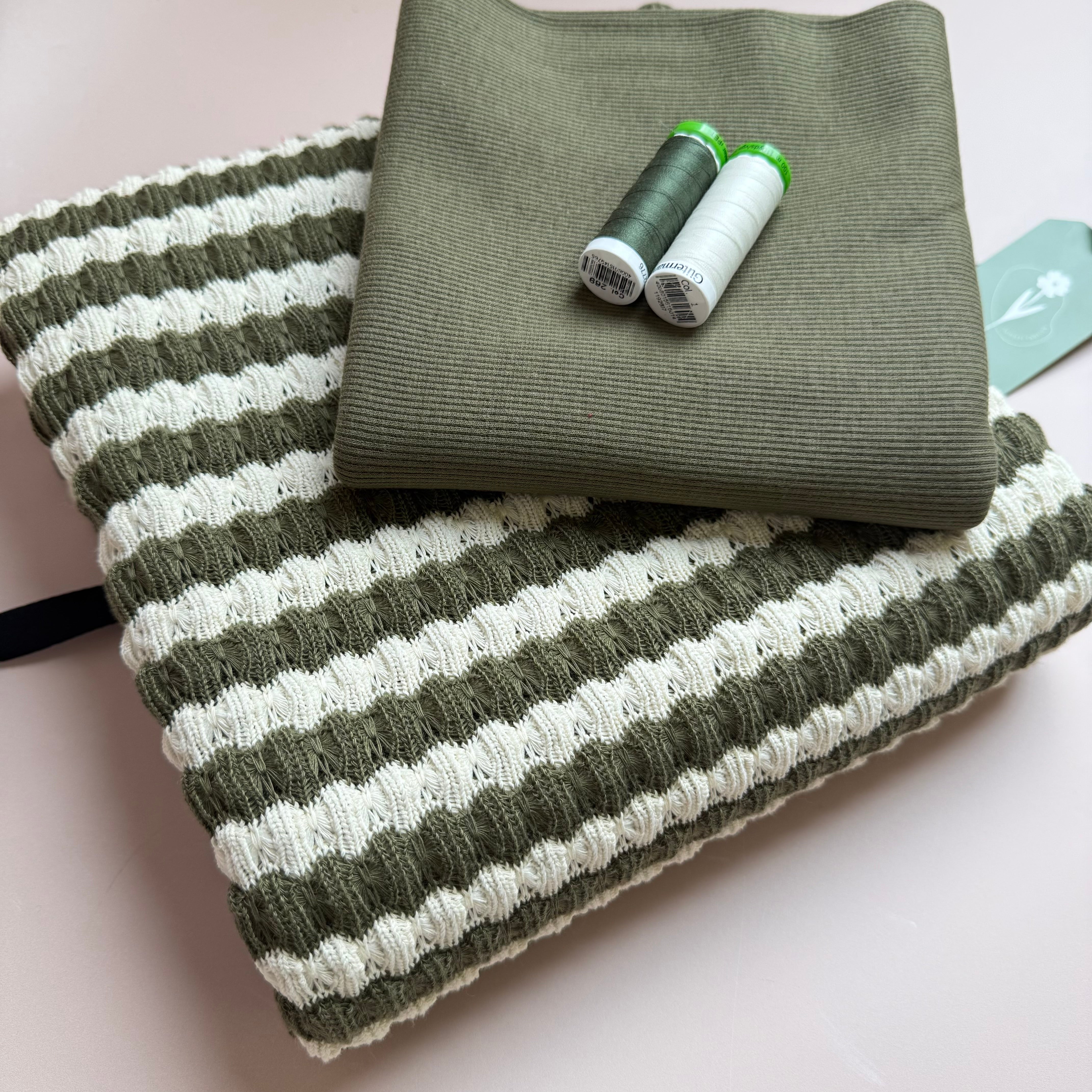 Make an Outfit Colour Bundles & Sewing Kit- Arielle Top in Summer Knitted Jacquard Olive & Matching Ribbing