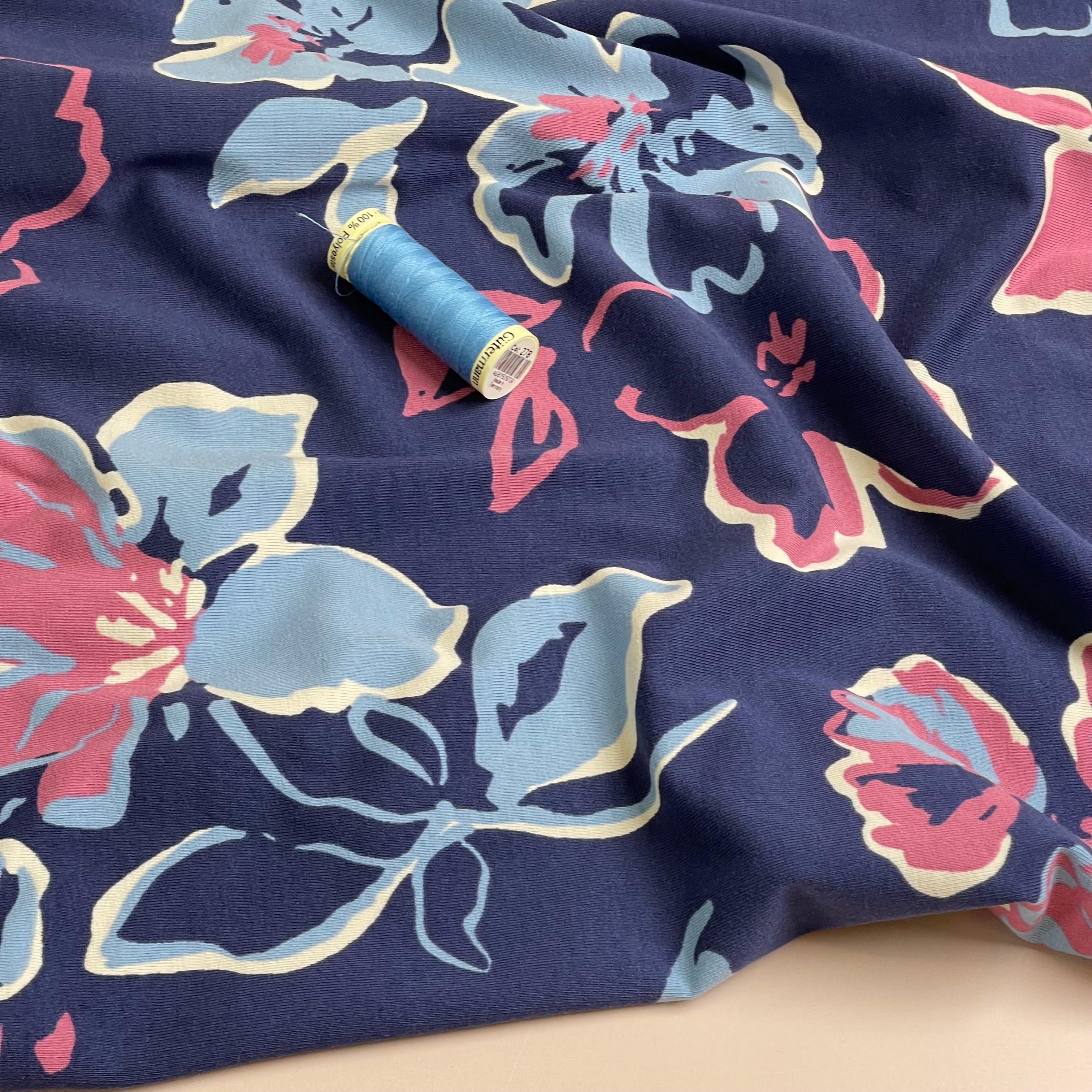 Painted Large Flowers on Navy Cotton Jersey Fabric