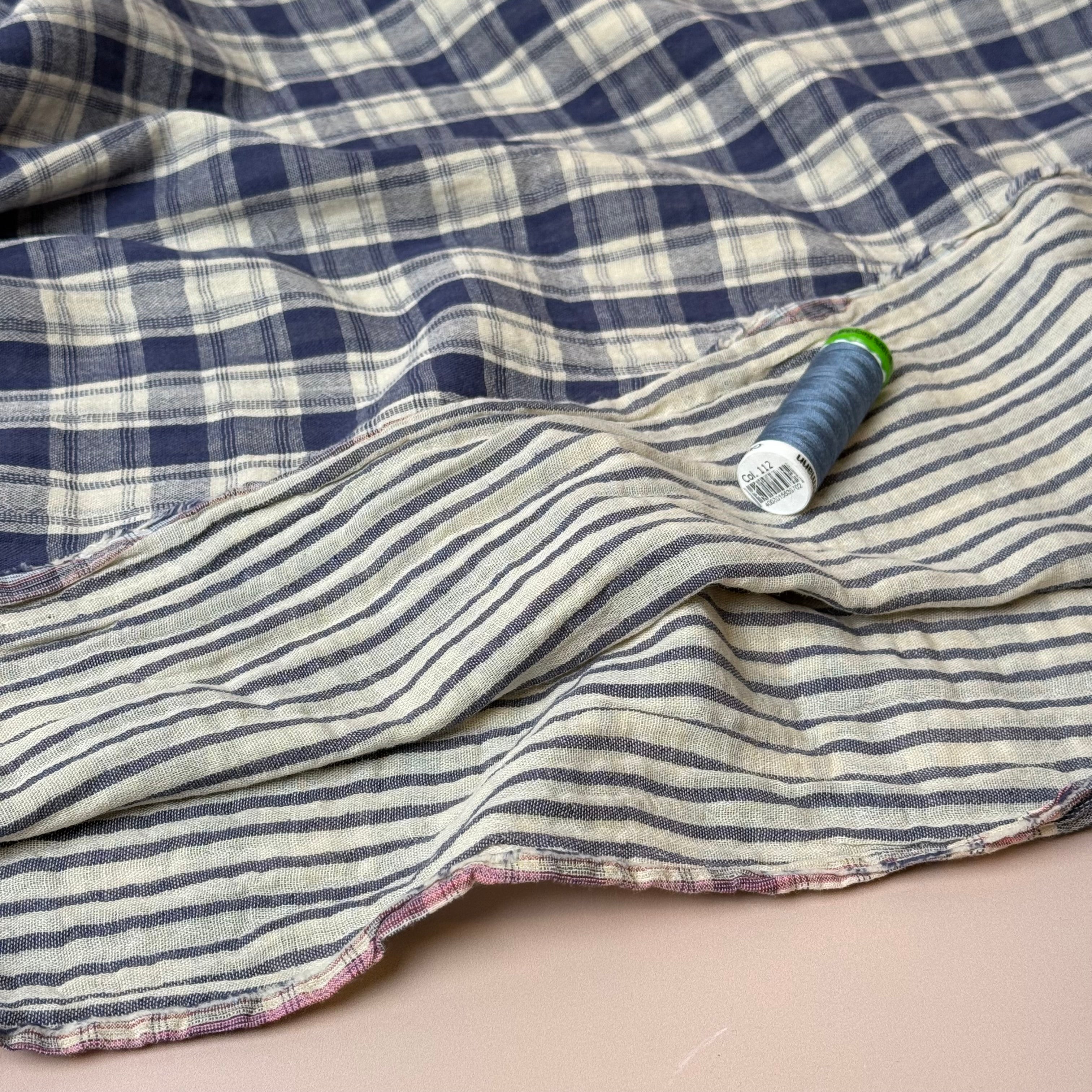 Reversible Blue Checks and Stripes Cotton Double Gauze