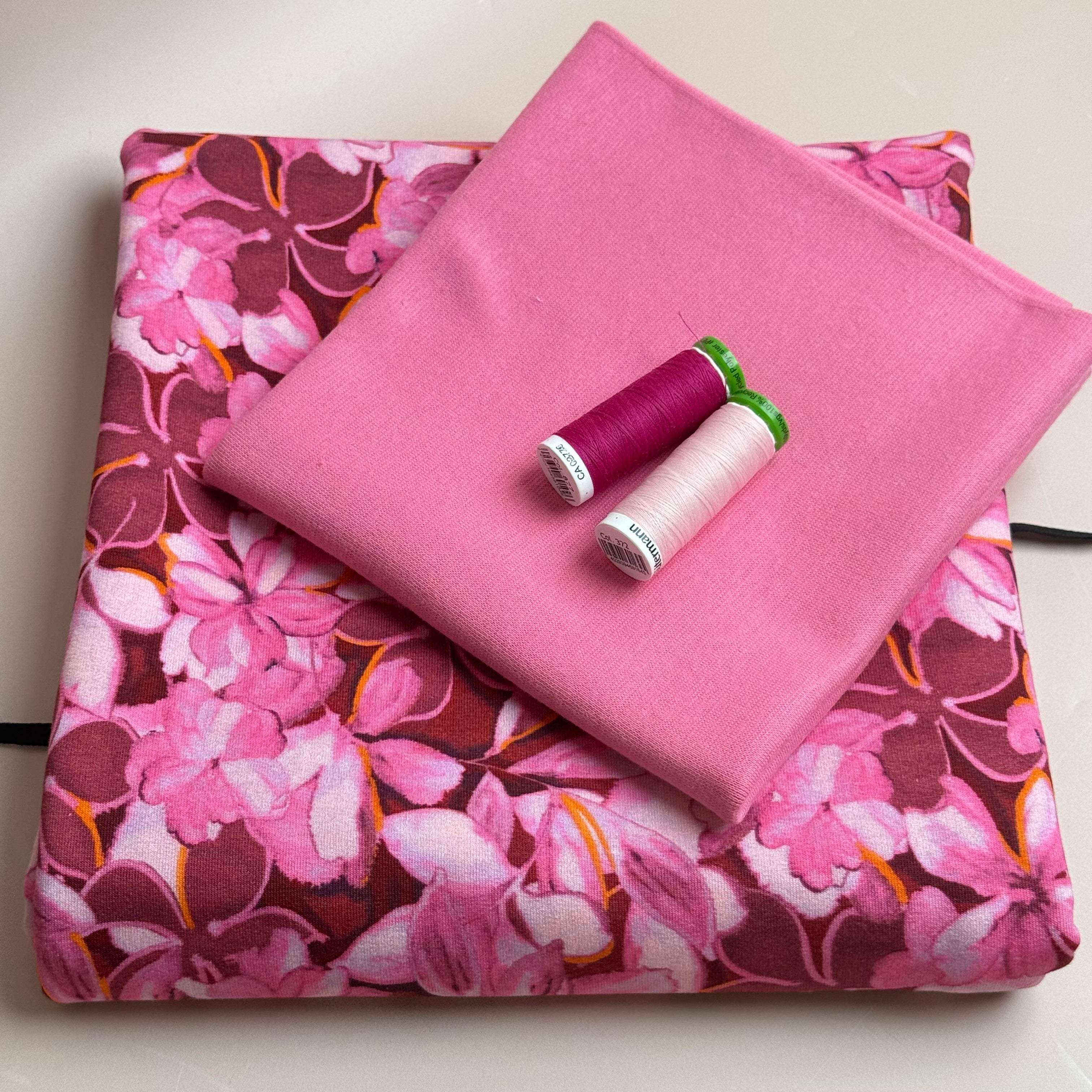 Colour Bundles - Painted Petals Red Cotton French Terry & Matching Ribbing