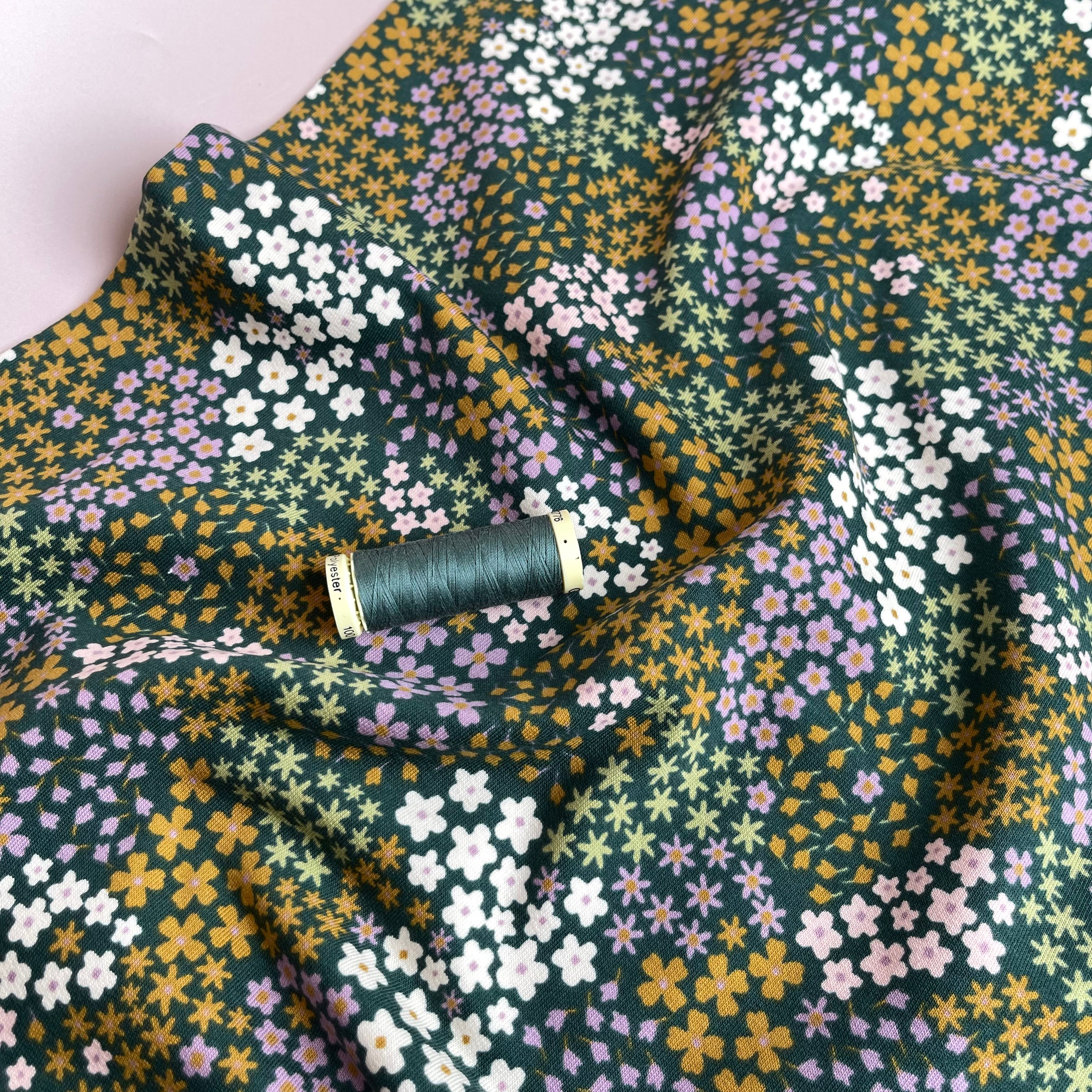 Ditsy Flowers Dark Green Cotton French Terry Fabric