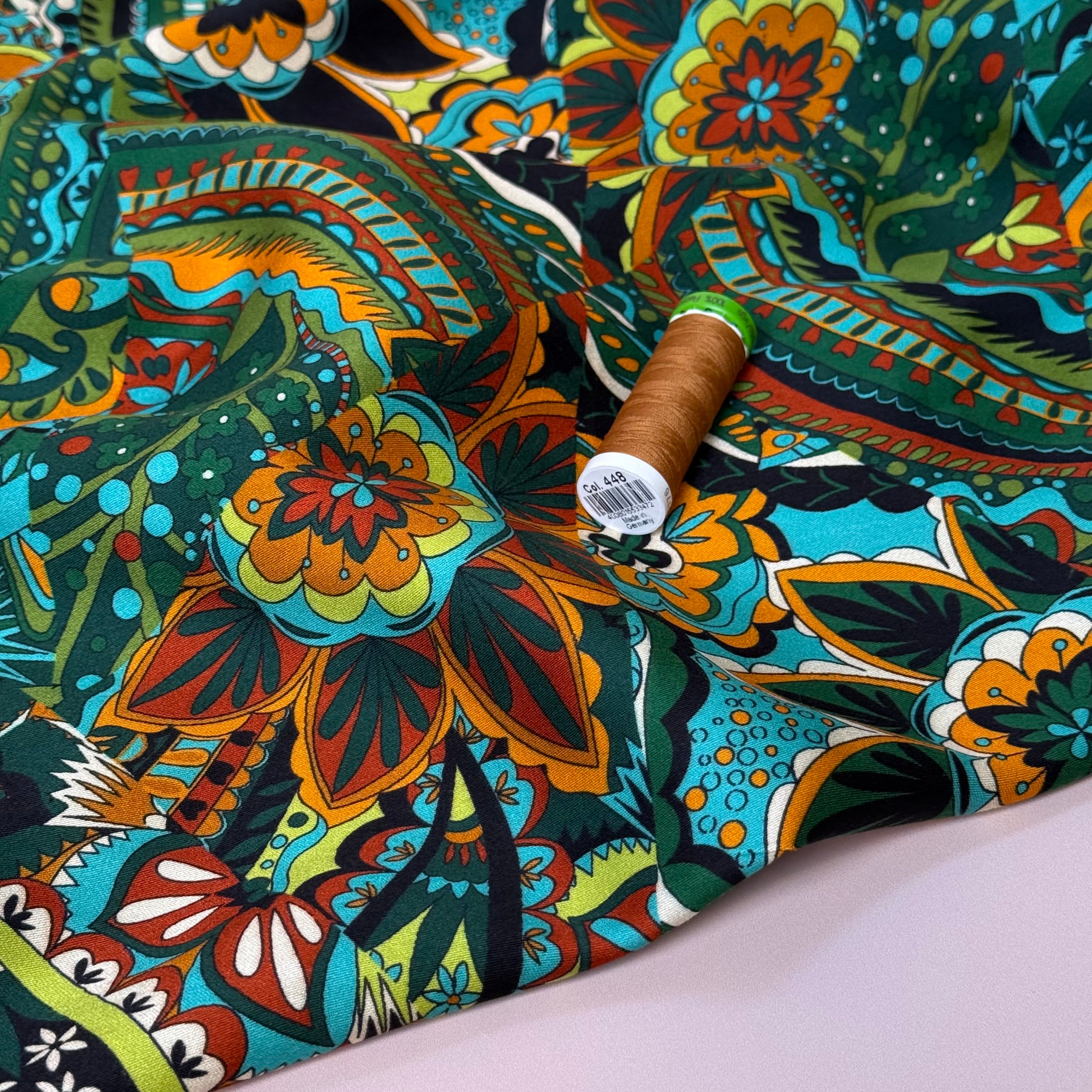 Magical Garden Forest Green Viscose Sateen Fabric
