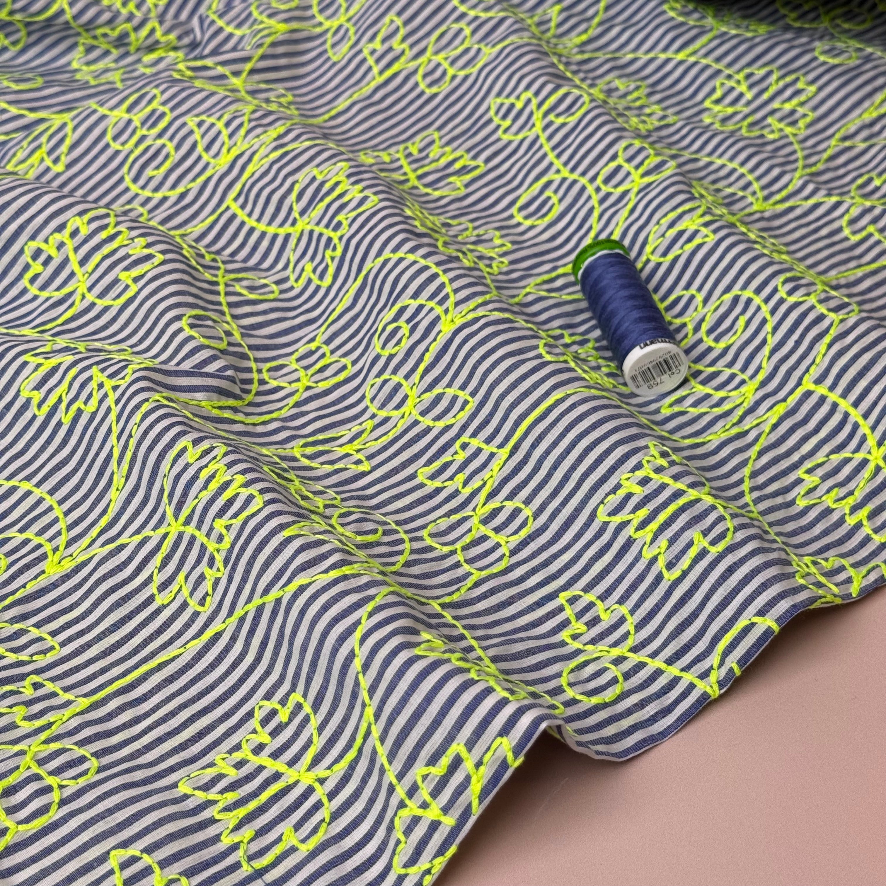 Embroidered Neon Vines on Stripe Cotton Fabric