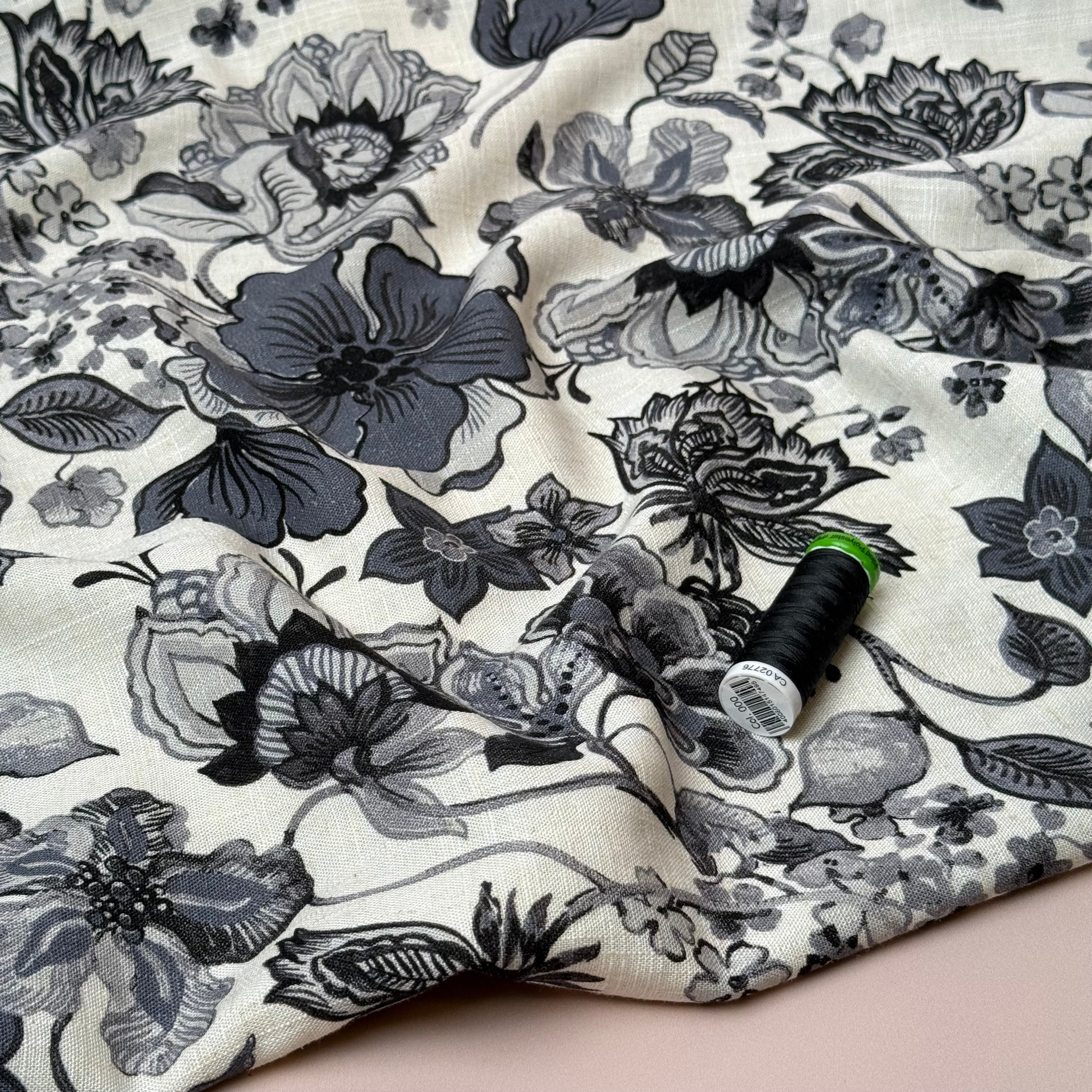 Henna Flowers Charcoal Grey Viscose Linen Fabric