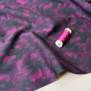 Magenta Flowers on Black Viscose Twill with Stretch